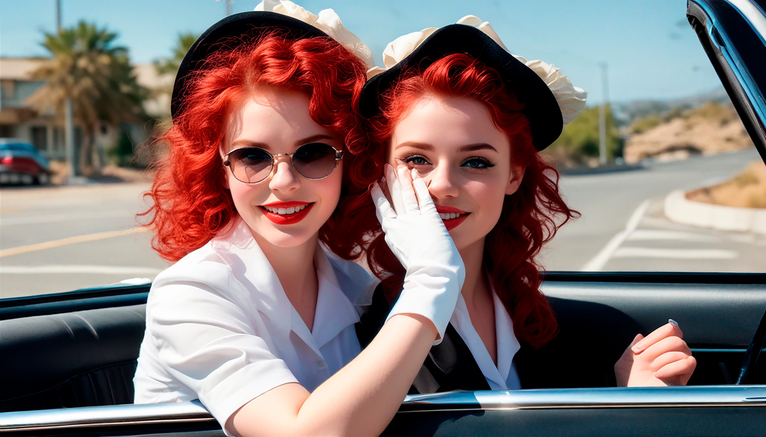 Two smiling red-haired girls in a convertible, America of the 50s...