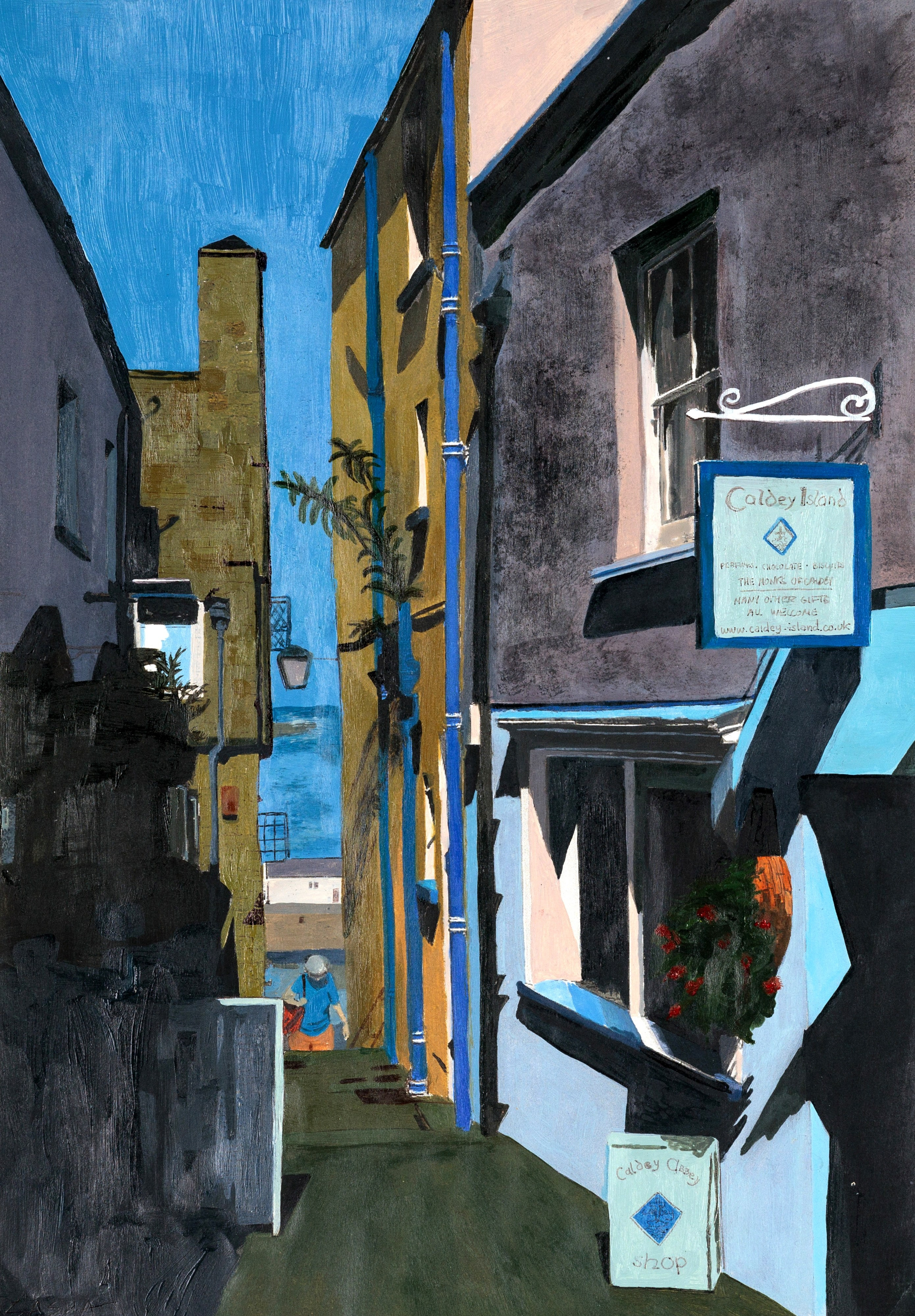 Caldey Island, тихая улочка с галереей, солнечным светом и человеком вдалеке