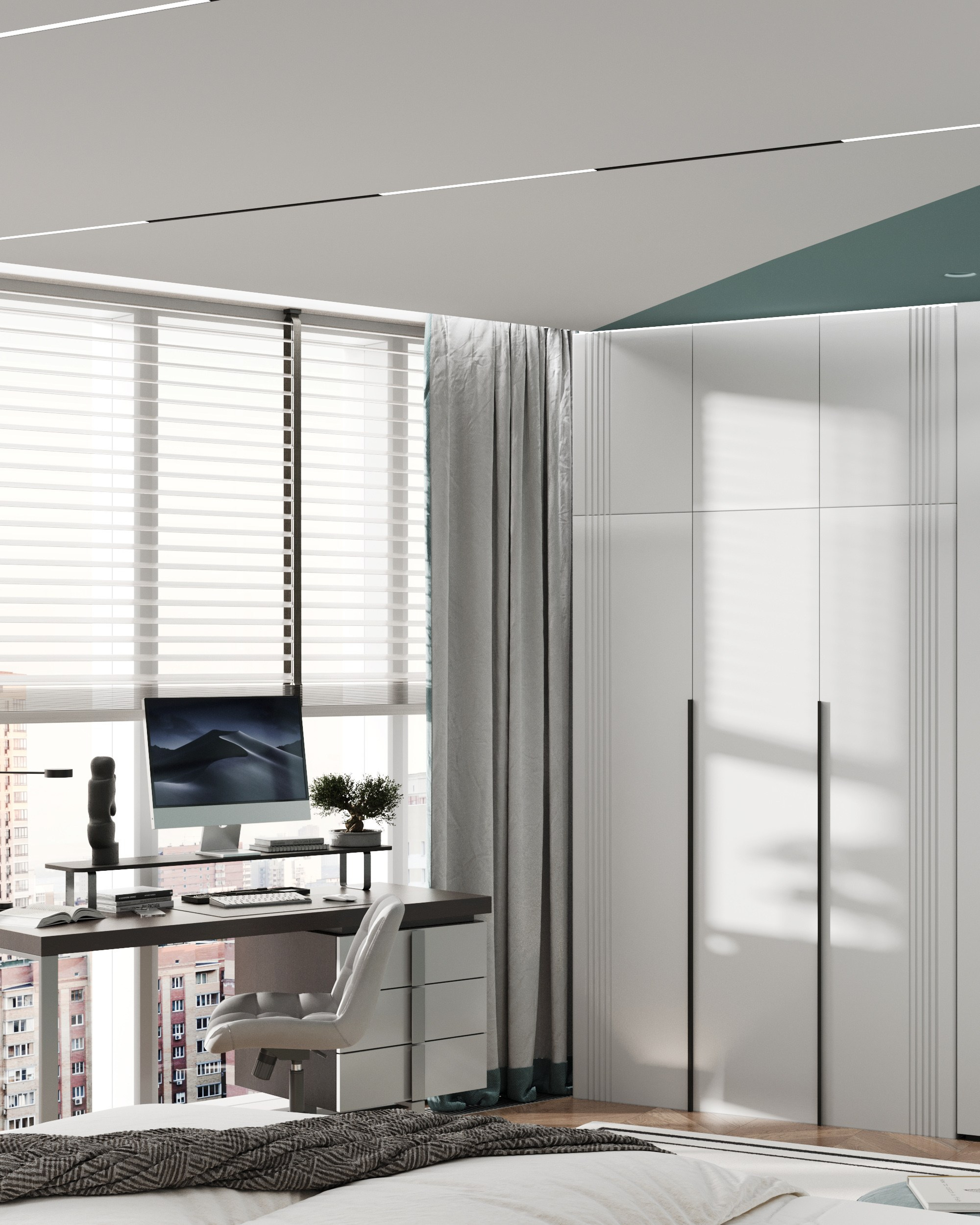 Рендер рабочего пространство у окна в детской: современный письменный стол с надстройкой под монитор