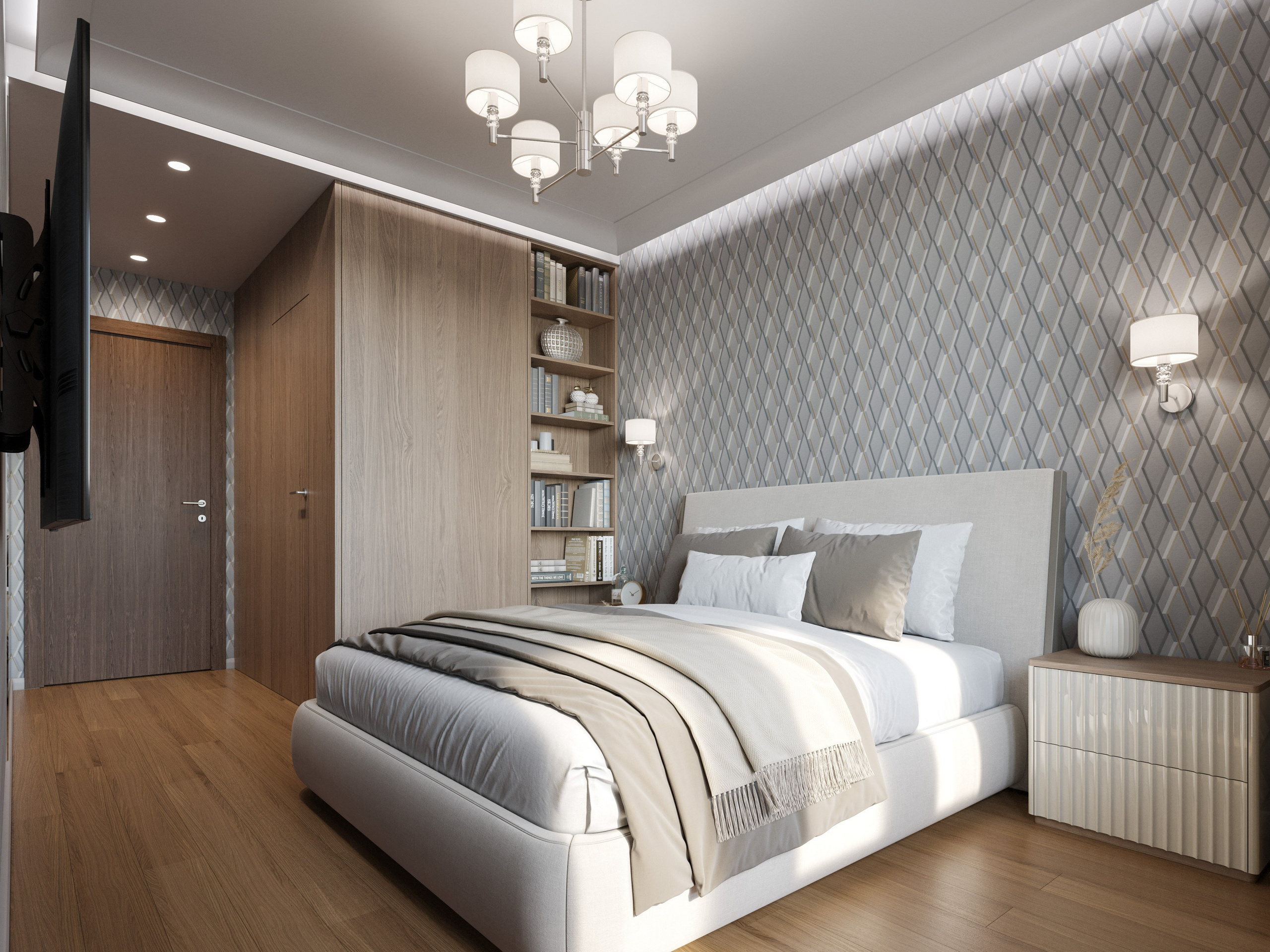 Интерьер спальни в спокойной цветовой гамме — реалистичный рендер