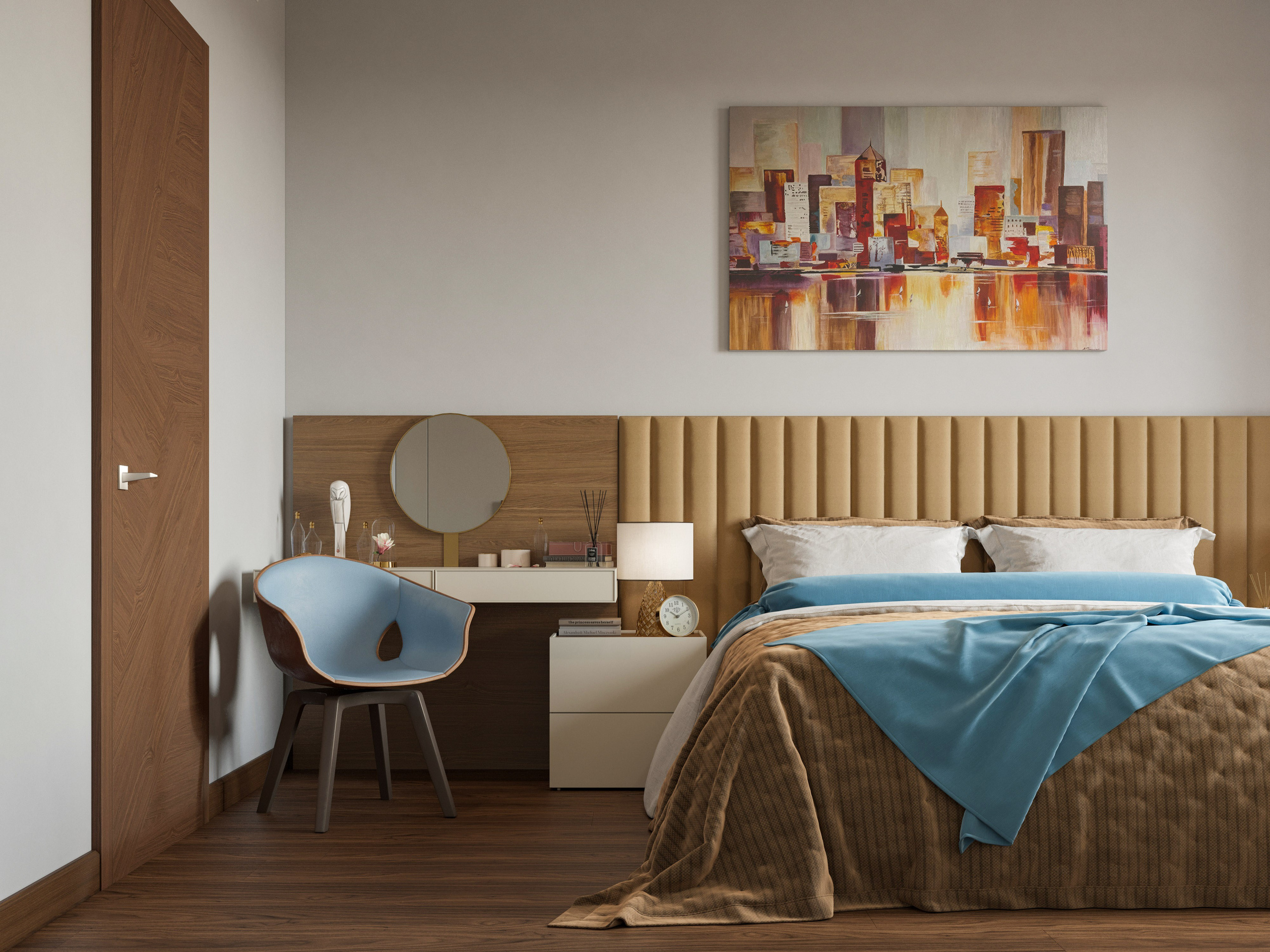 Рабочая зона в белградской квартире с желтыми акцентами и встроенным столом