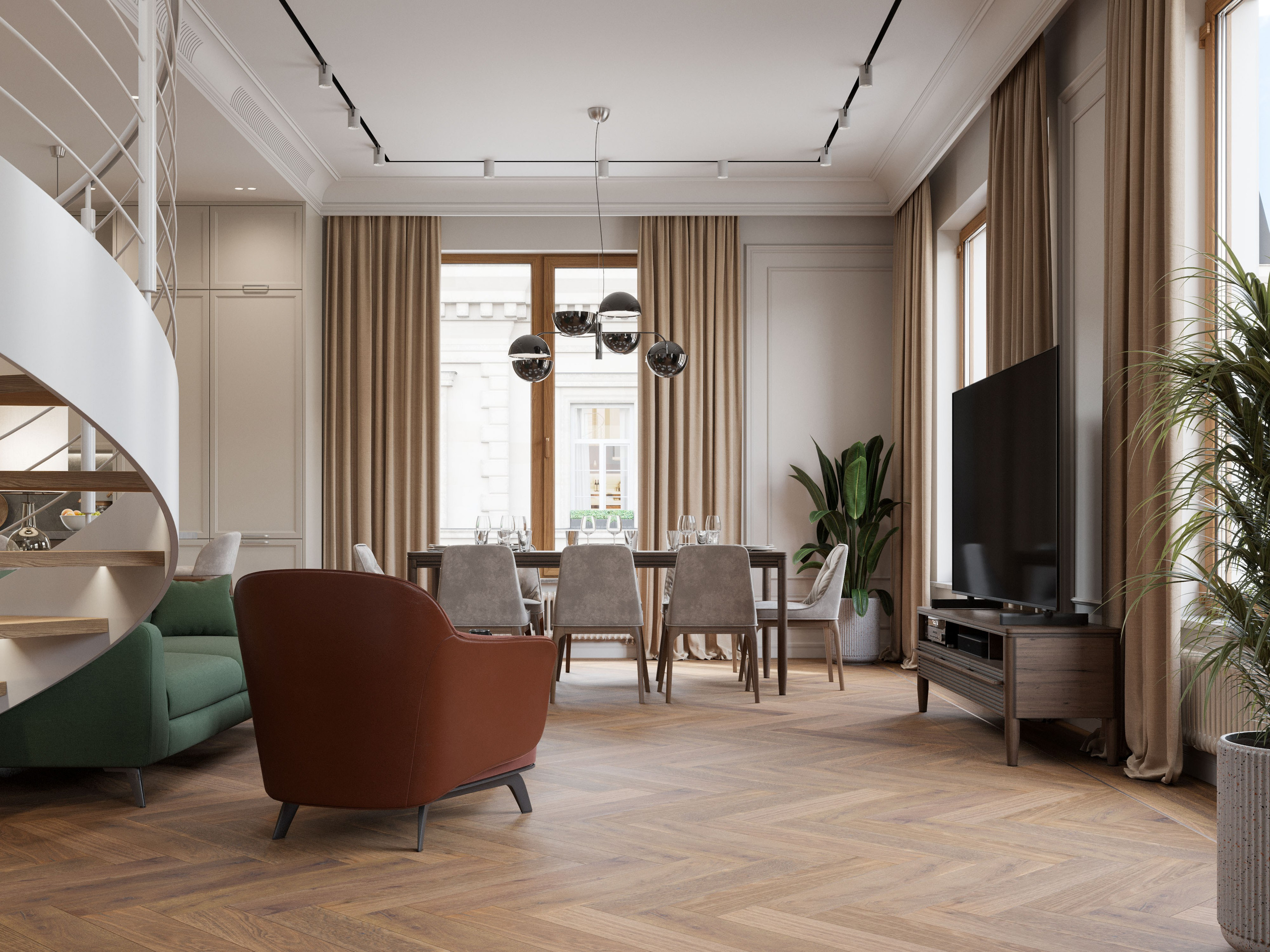 Натуральный паркет елочкой в гостиной с винтовой лестницей - 3D визуализация