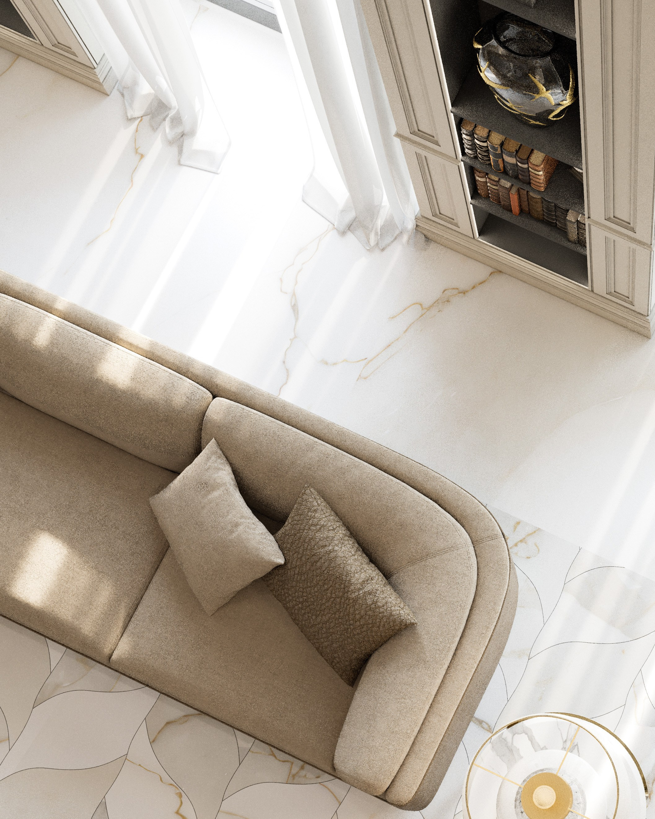 Уголок для беседы в гостиной с лепными медальонами на стенах и современным ковром