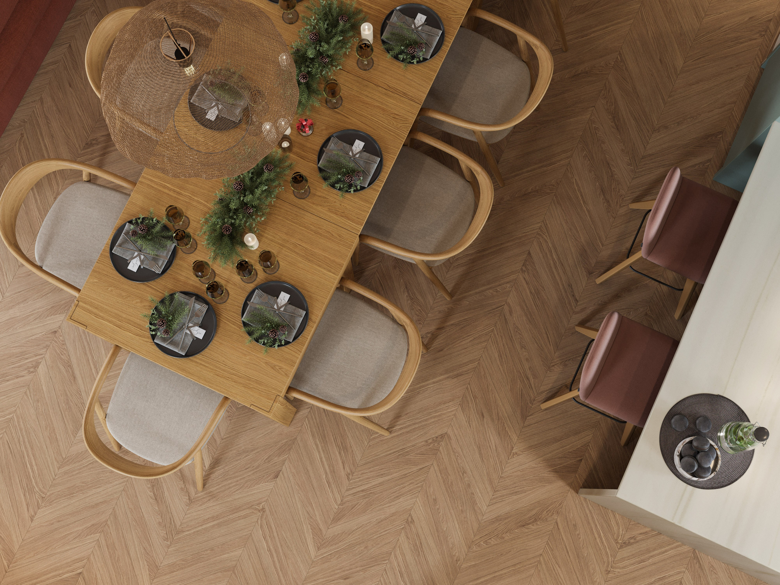 Столовая зона с минималистичным столом и стульями в современном интерьере