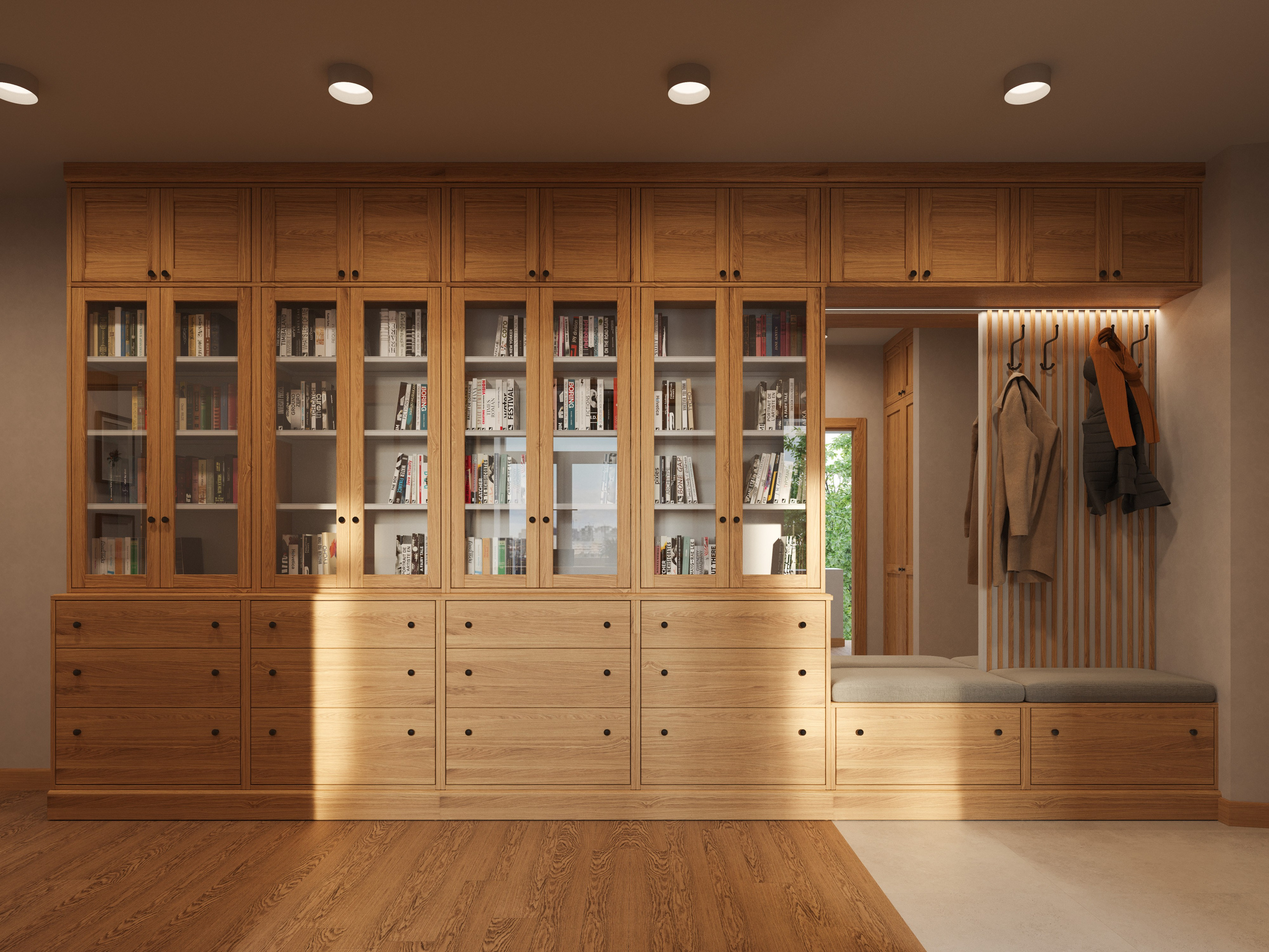 3D визуализация дизайна маленькой прихожей с шкафом-библиотекой и деревом в отделке.