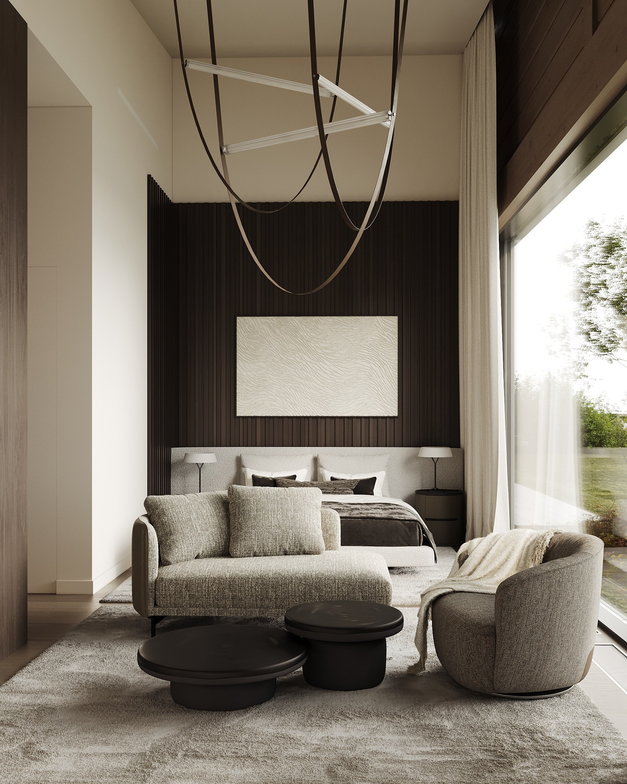 Уютная светлая спальня в доме из бруса с дизайнерской мебелью.