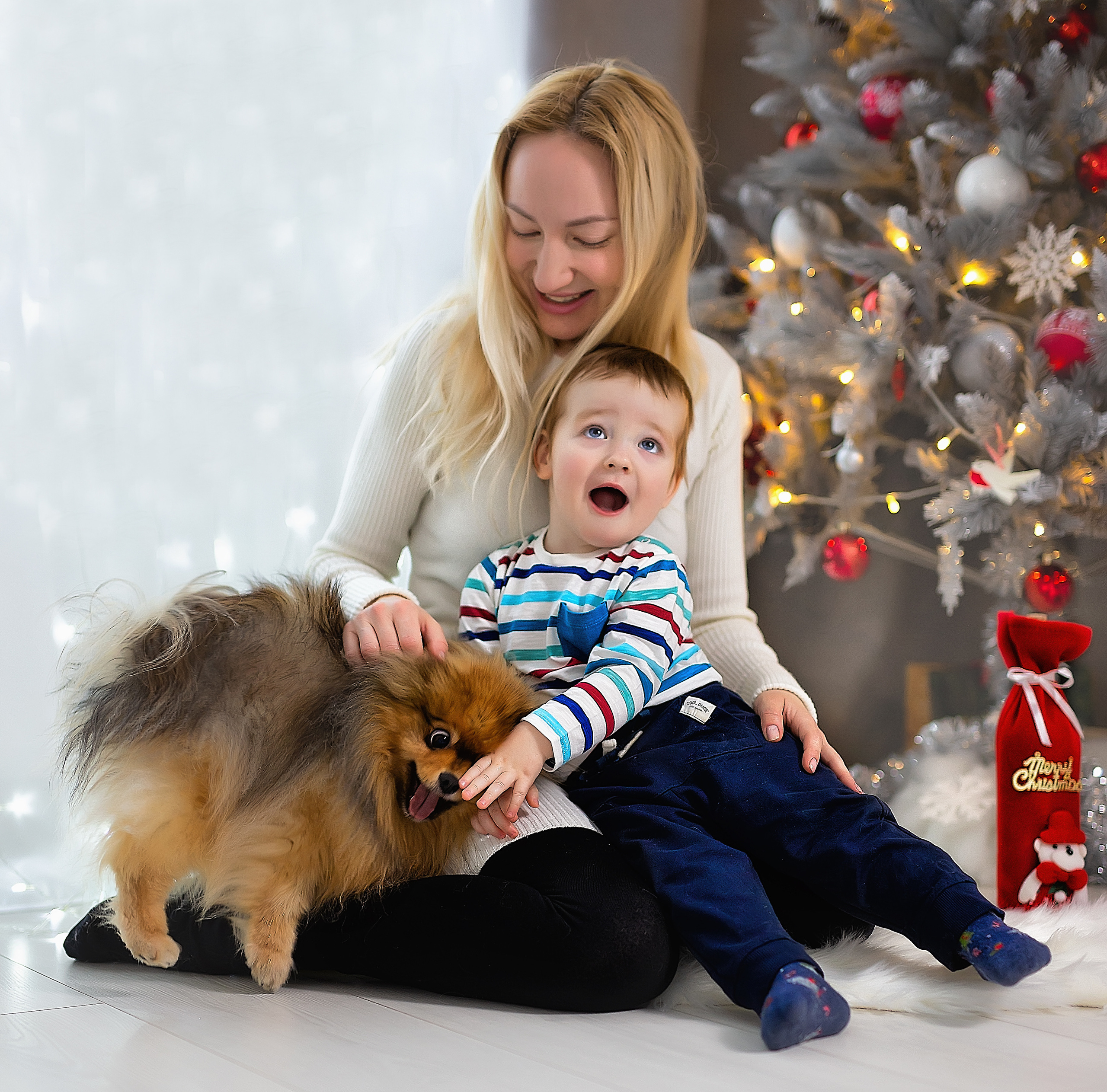 Шпиц подбежал к маме с сыном. Мальчик удивился и засмеялся.