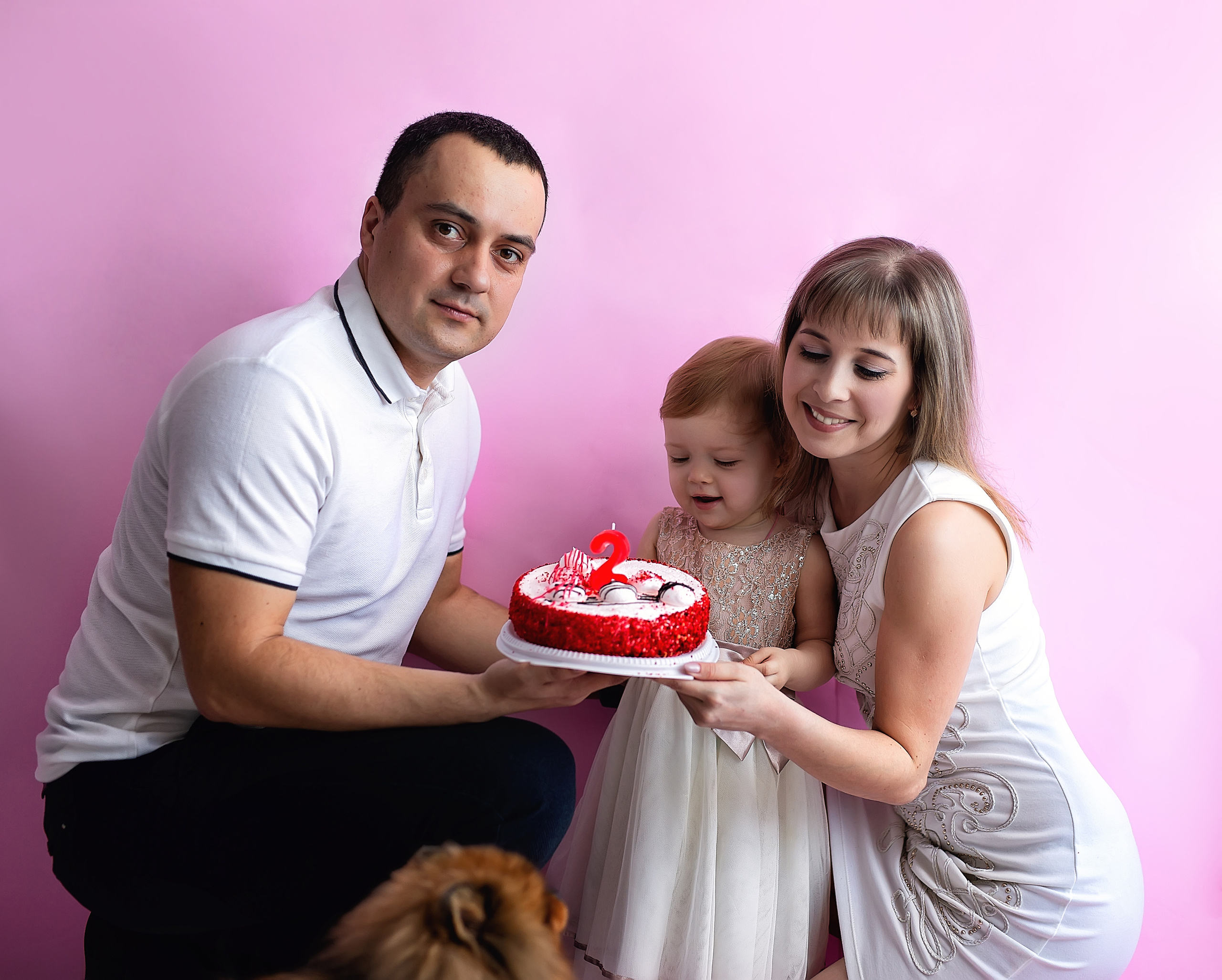 Дочка задувает свечку на торте.