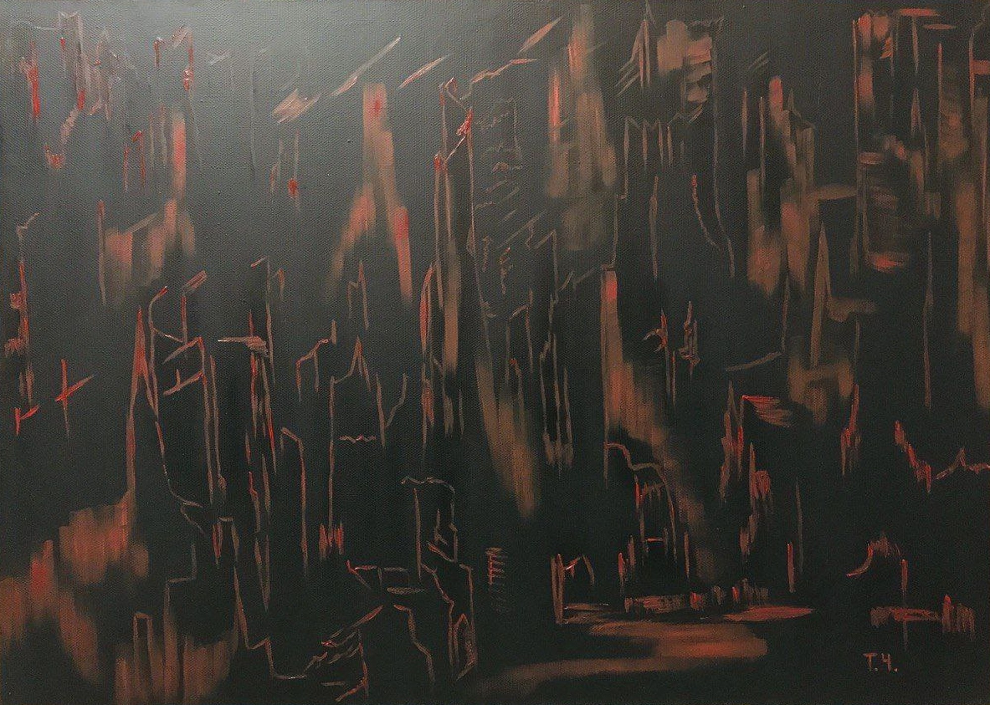 Композиция строений замка в готическом стиле. На черном фоне красные всполохи. Картина с элементами абстракции и сюрреализма.