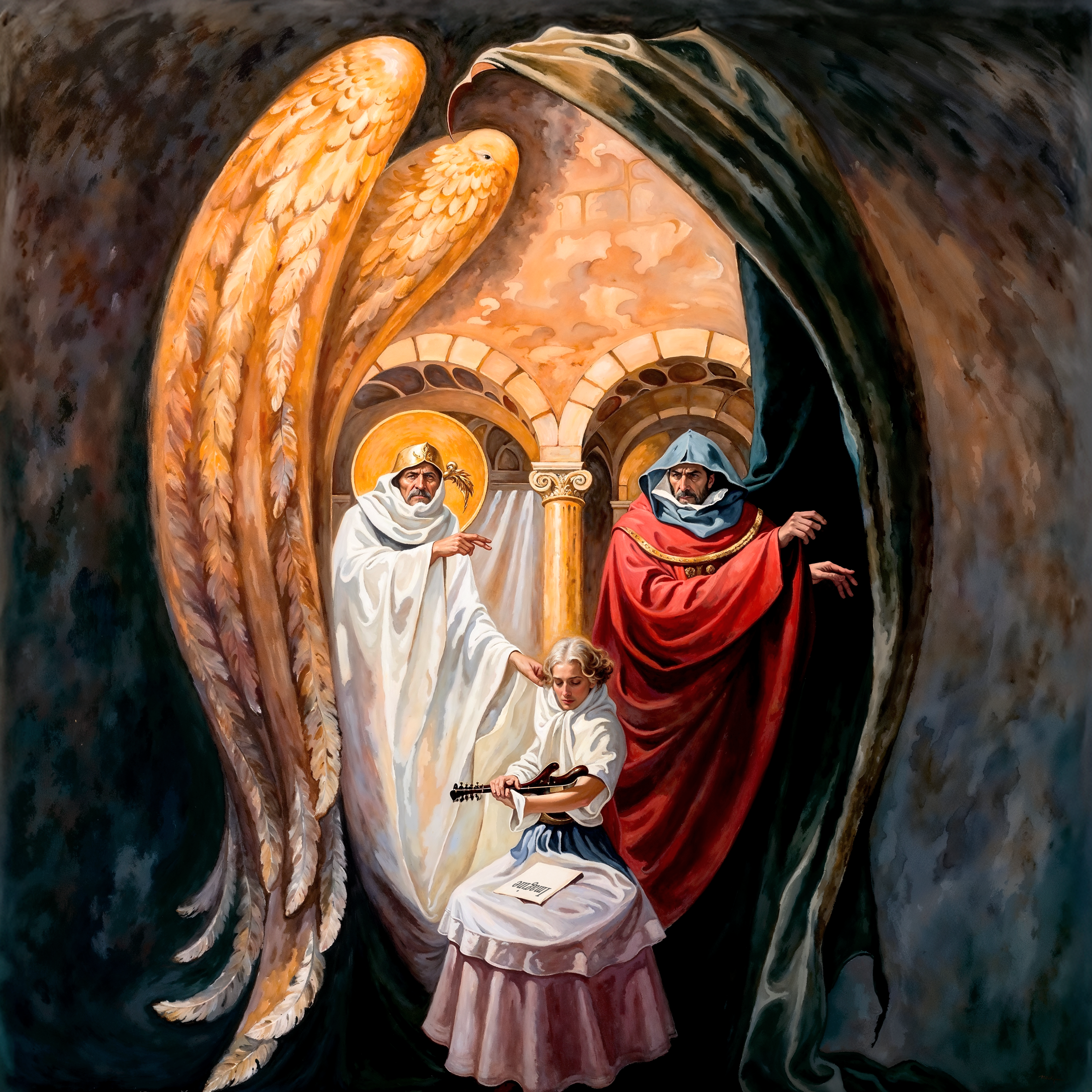 Оптическая иллюзия с лицом Джона Леннона, составленным из телескопа, крыш, заката и сцены — ремастеринг по мотивам картин Олега Шупляка.