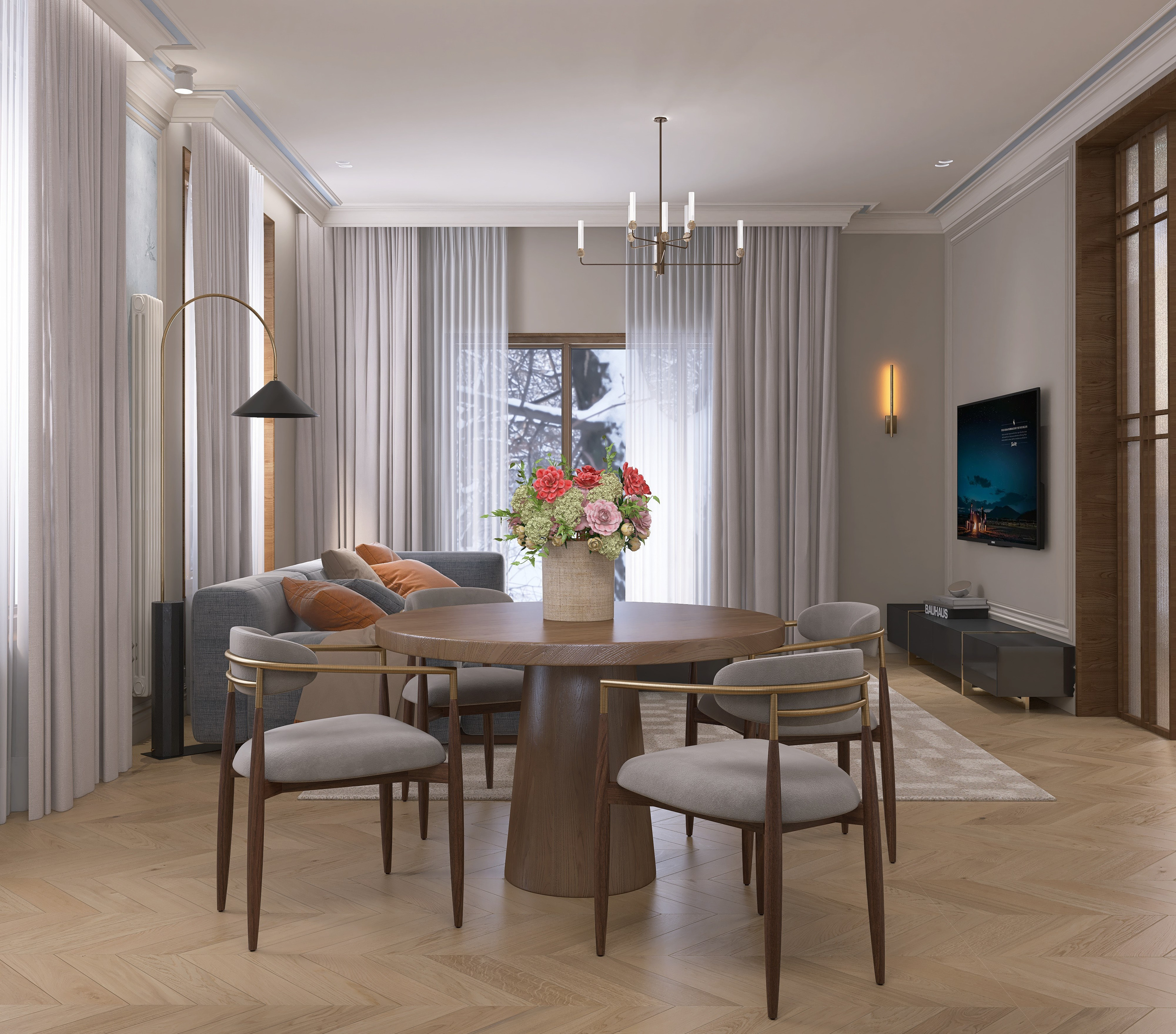 Кухня-гостиная в частном доме, современная неоклассика, кухонный остров, паркет елка, светлая цветовая гамма