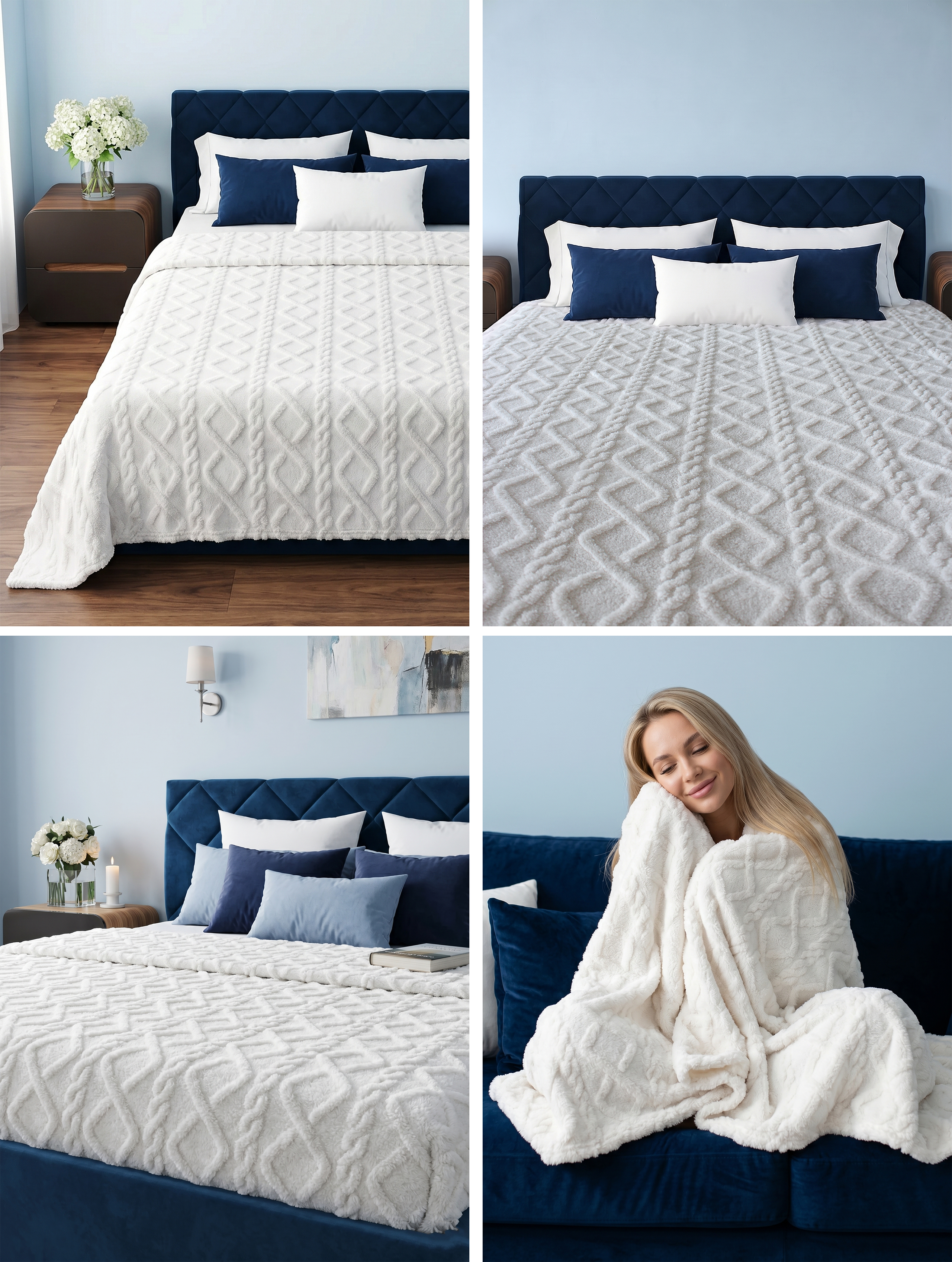 Collage featuring a white velsoft blanket displayed on a bed in a modern bedroom, including lifestyle and product-focused images highlighting softness, comfort, and home decor appeal
