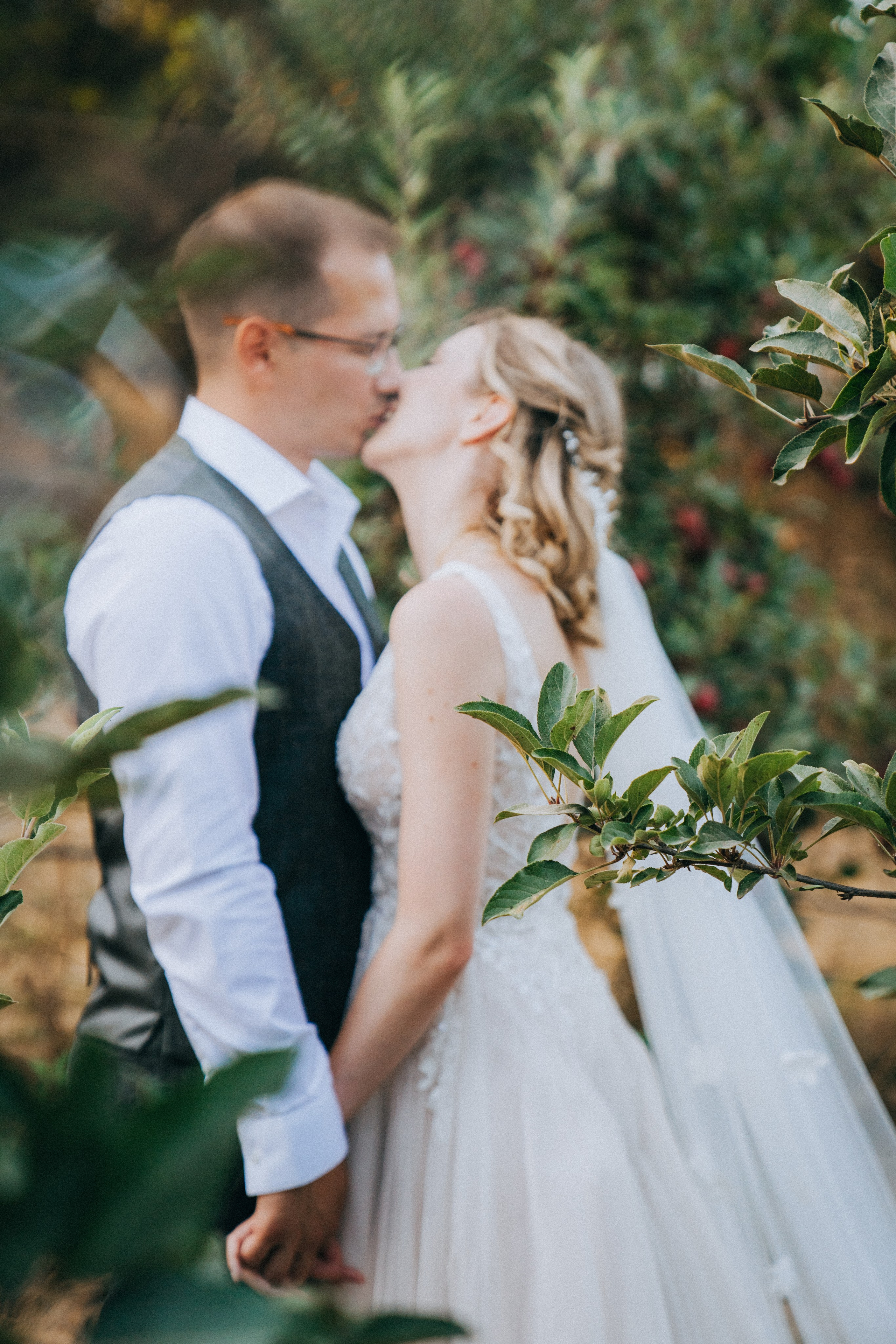 Жених и невеста обнимаются среди яблоневого сада, вокруг созревшие яблоки.