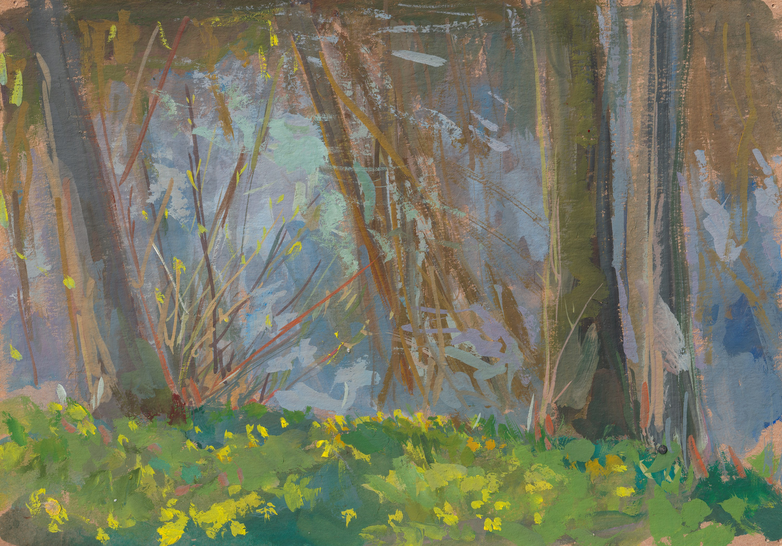 "A clearing by the pond. Etude" paper, tempera 21x30cm, 2026