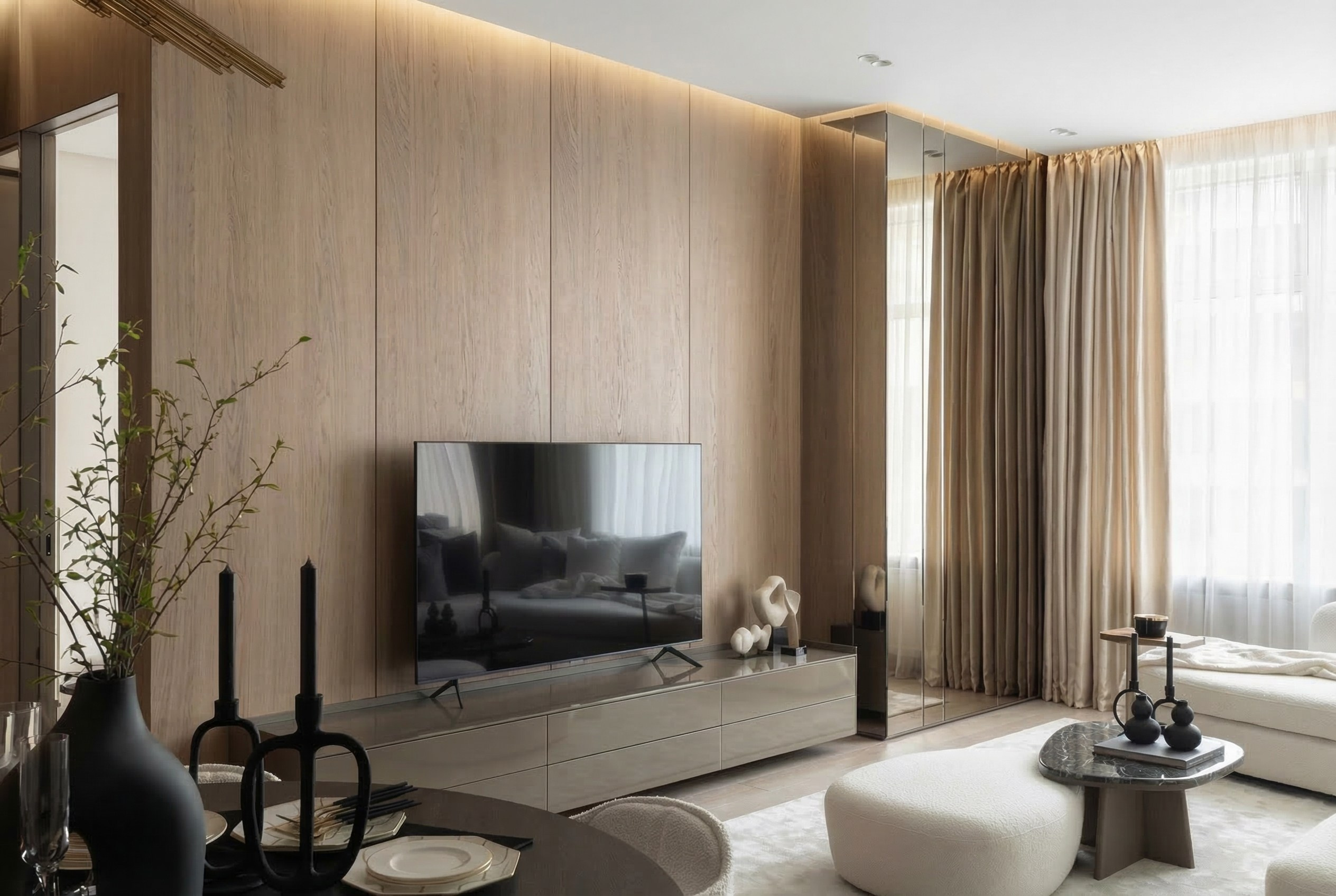 Современная гостиная от Валерии Котович: ТВ-зона с деревянными панелями, глянцевая тумба, зеркальная стена и стильный декор.