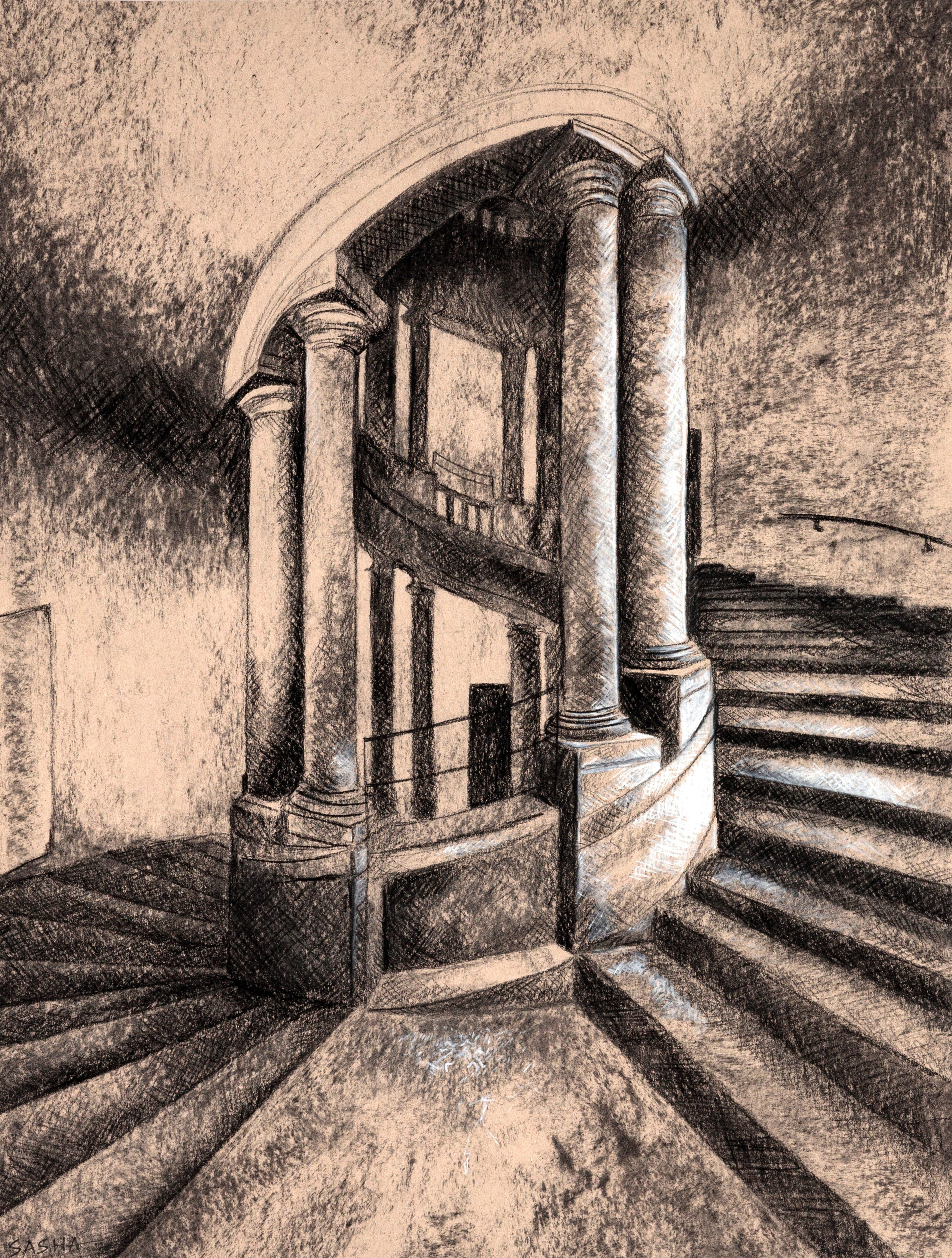 старинная лестница с колоннами,  из старого замка