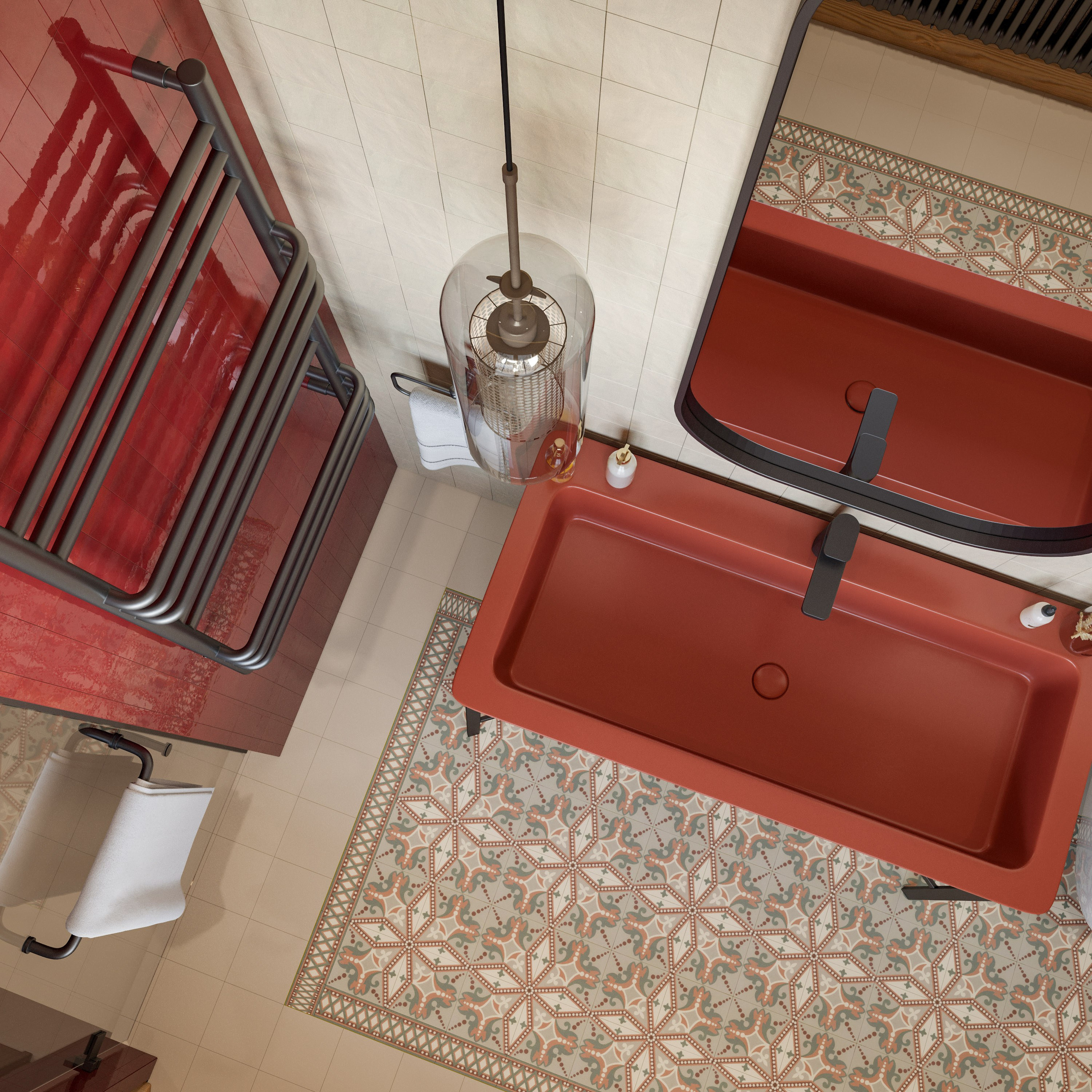 Современная черная сантехника в гостевом санузле бревенчатого дома - 3D визуализация