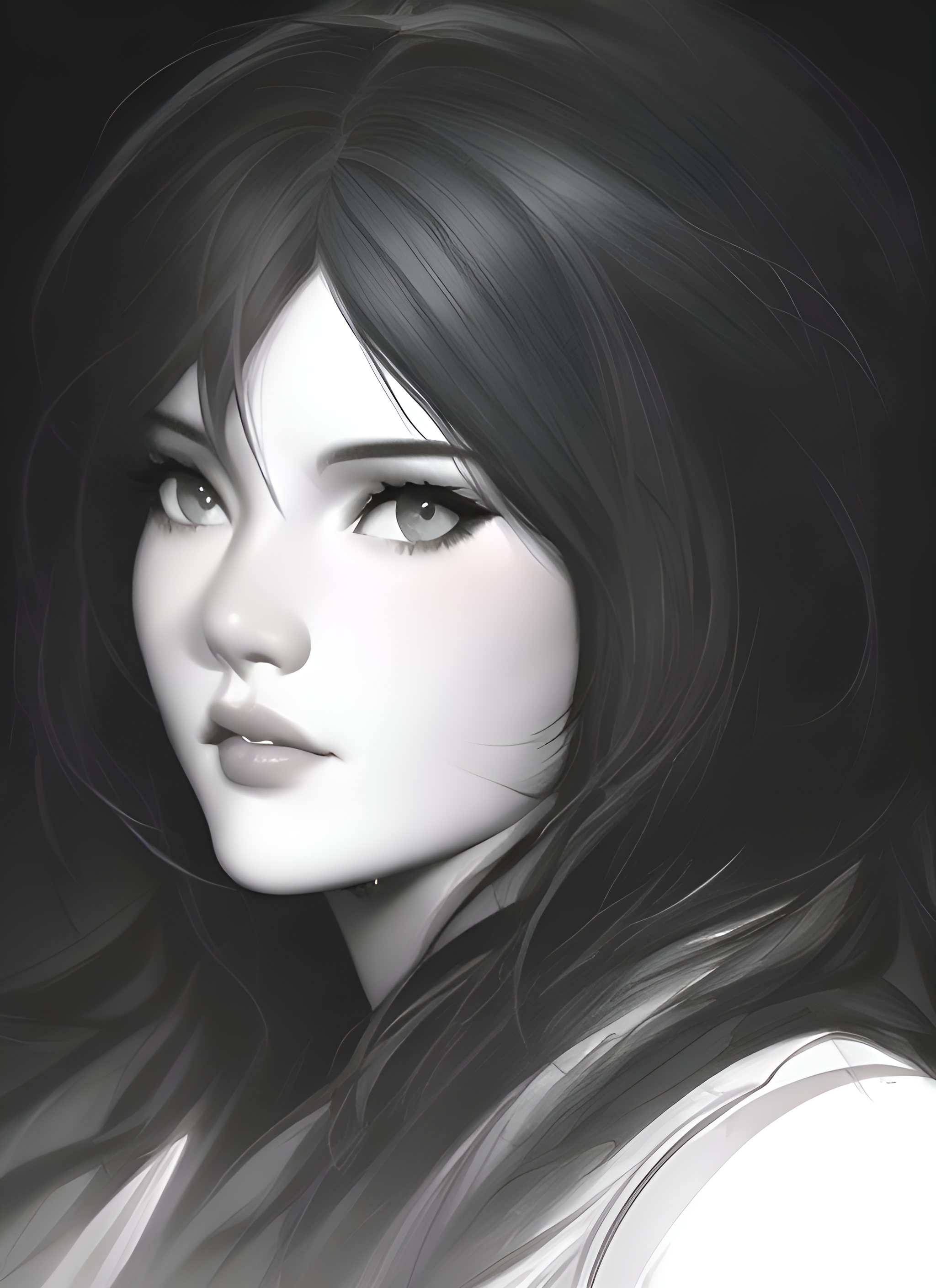 a black and white photo of a woman with long hair, a manga drawing gothic art, detailed painting, anime