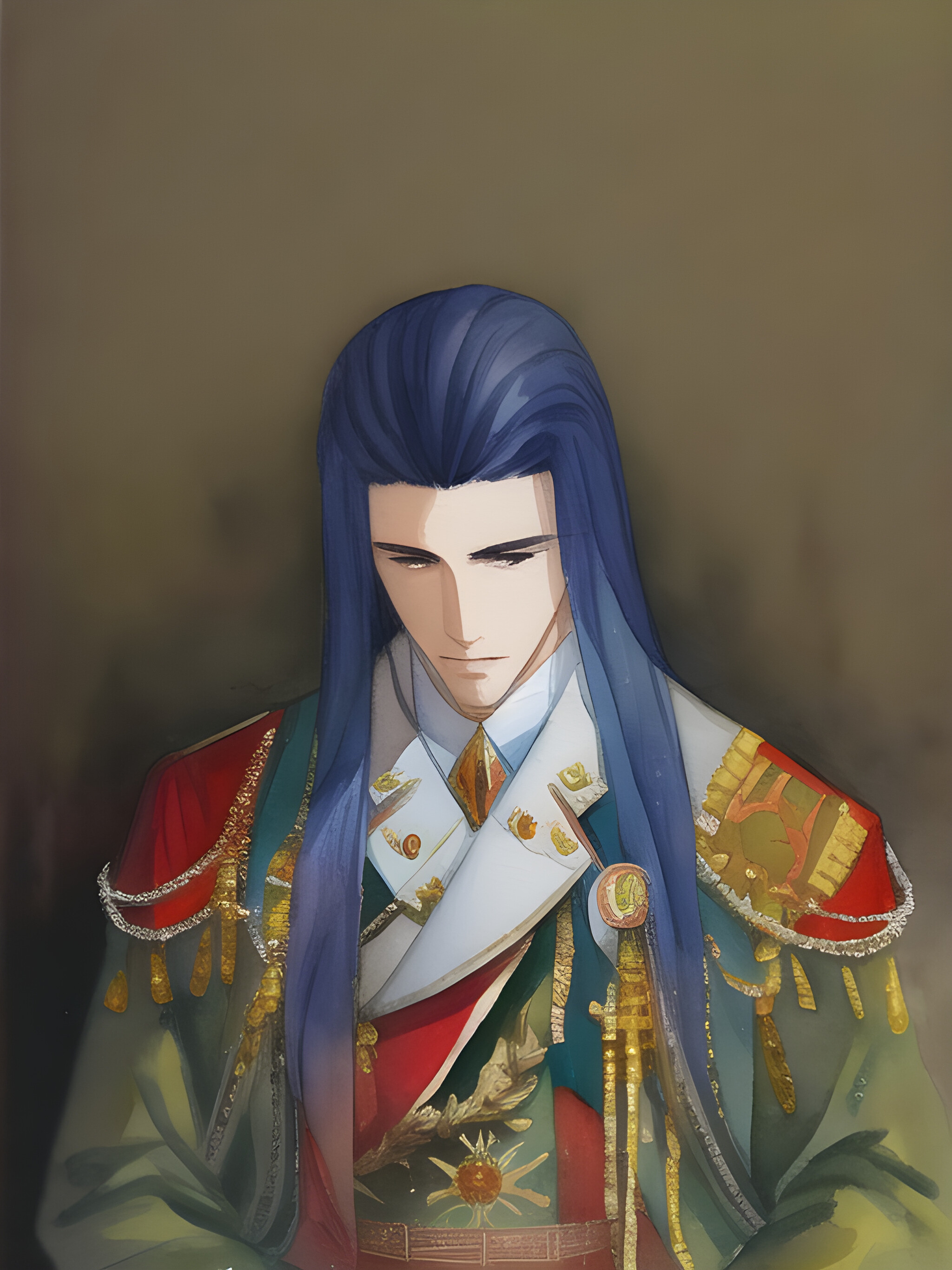 a painting of a handsome man with long blue hair, a character portrait, in style of classical realism art