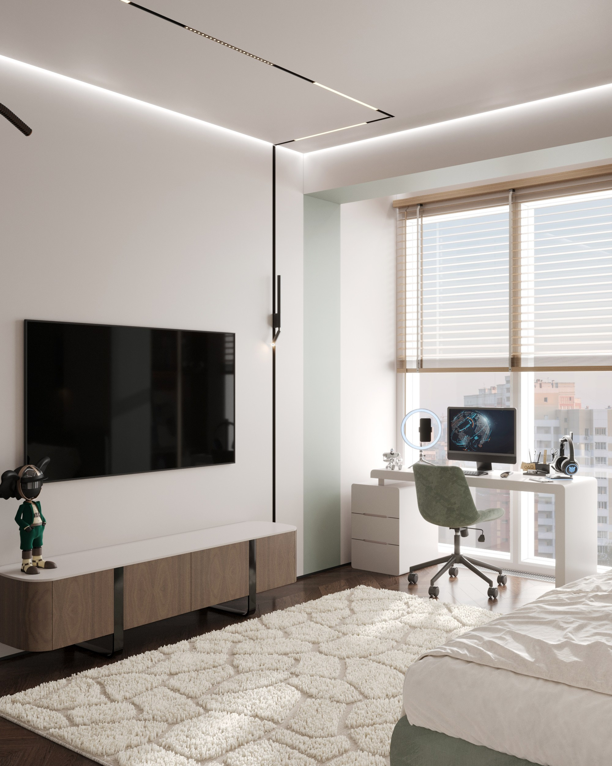 Детская комната: рабочая зона у панорамного окна с белым столом, компьютером и зелёным креслом