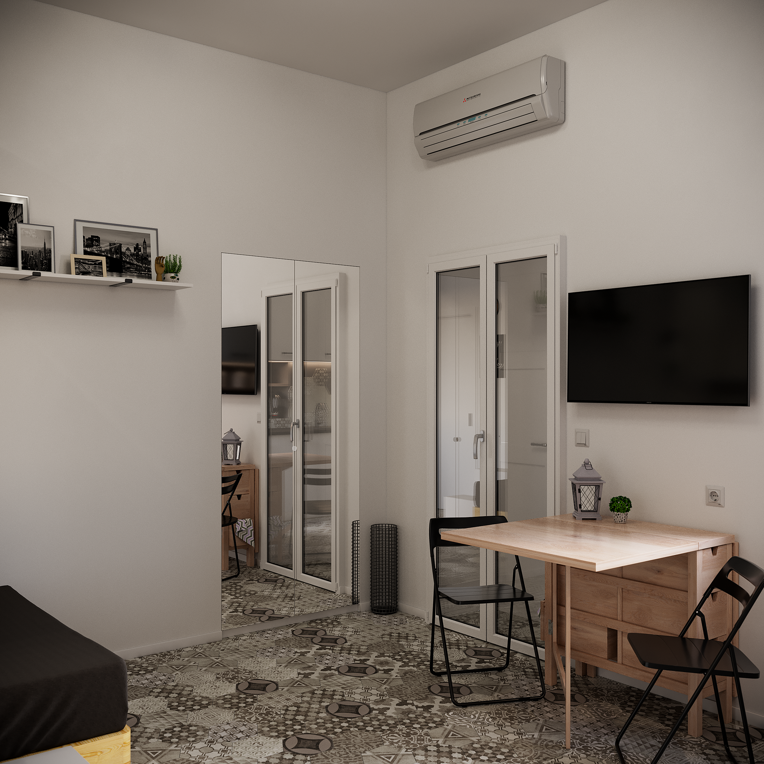 Рендер угла студии с деревянным складным столом, двумя черными стульями и настенным телевизором