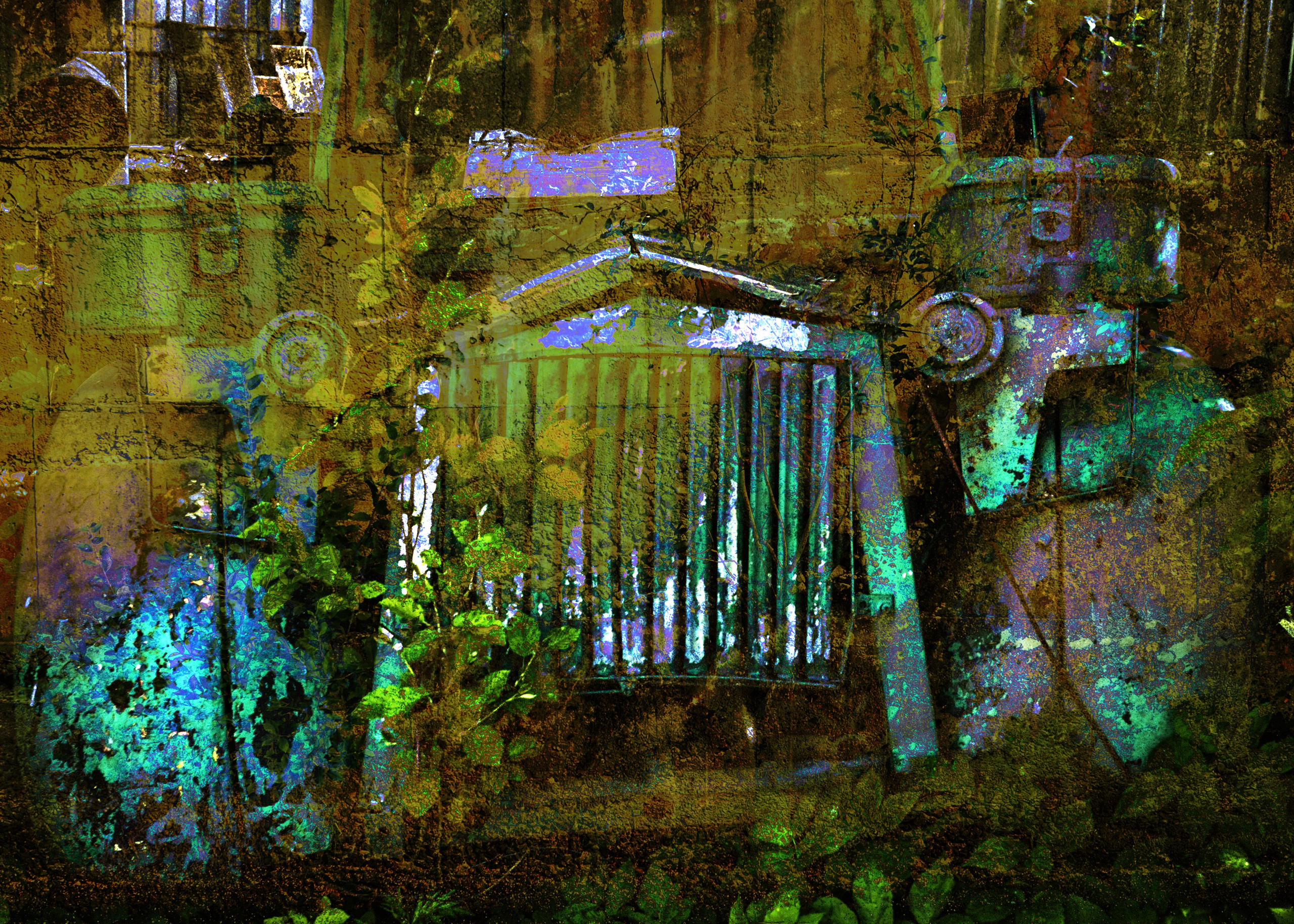 Абстрактное изображение, сочетающее в себе промышленное оборудование и пышную зелень, с ржавым автомобилем с яркими, красочными отражениями зеленого и фиолетового цветов. Изображение вызывает контраст между упадком и ростом, подчеркивая красоту природы, превосходящей рукотворные элементы. Идеально подходит для художественных отпечатков, промышленного и вдохновленного природой декора и уникальных дизайнерских проектов, демонстрирующих течение времени.