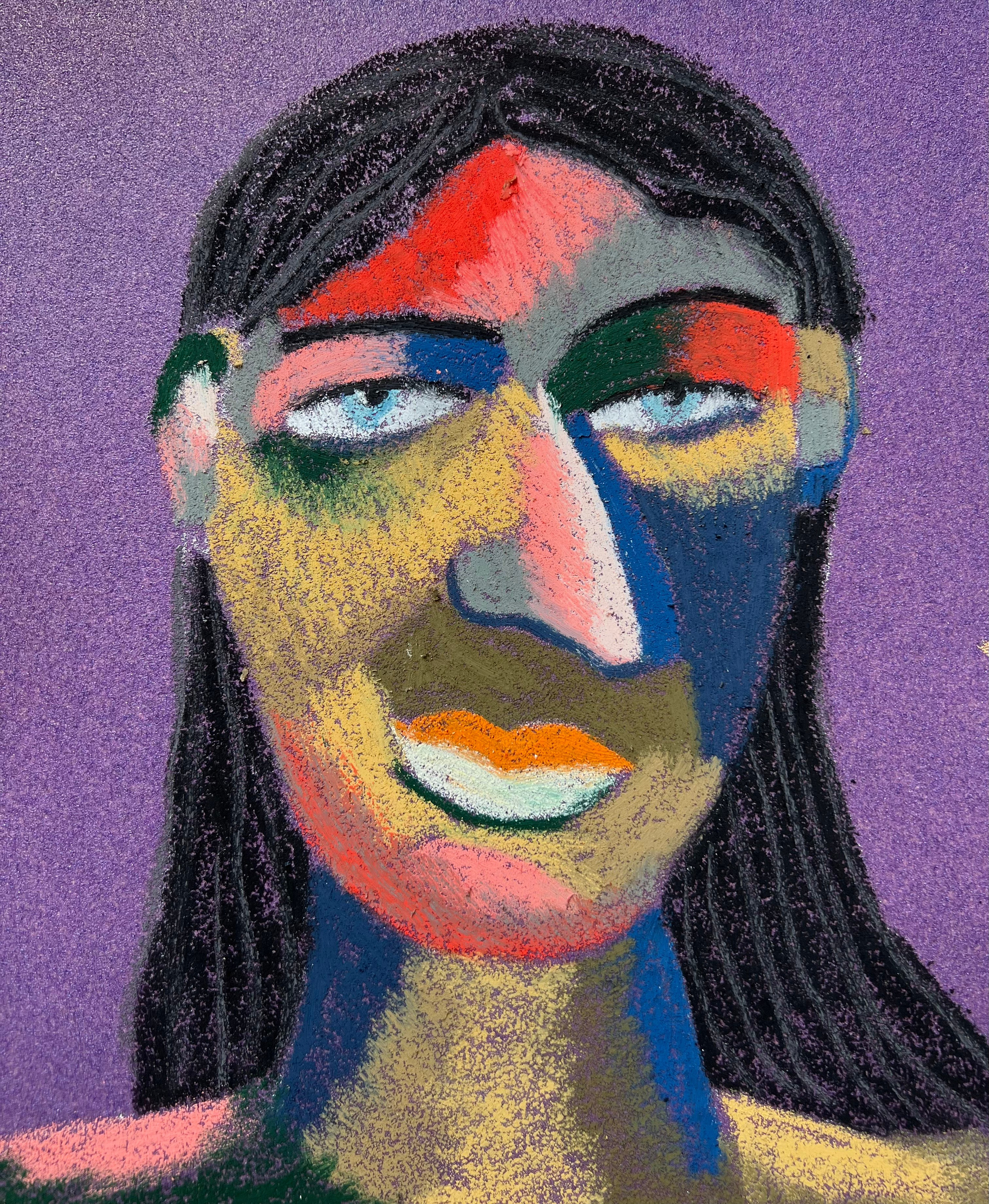 Title: Lady  Material: Oil pastel, sandpaper Size: 28 x 23 cm 