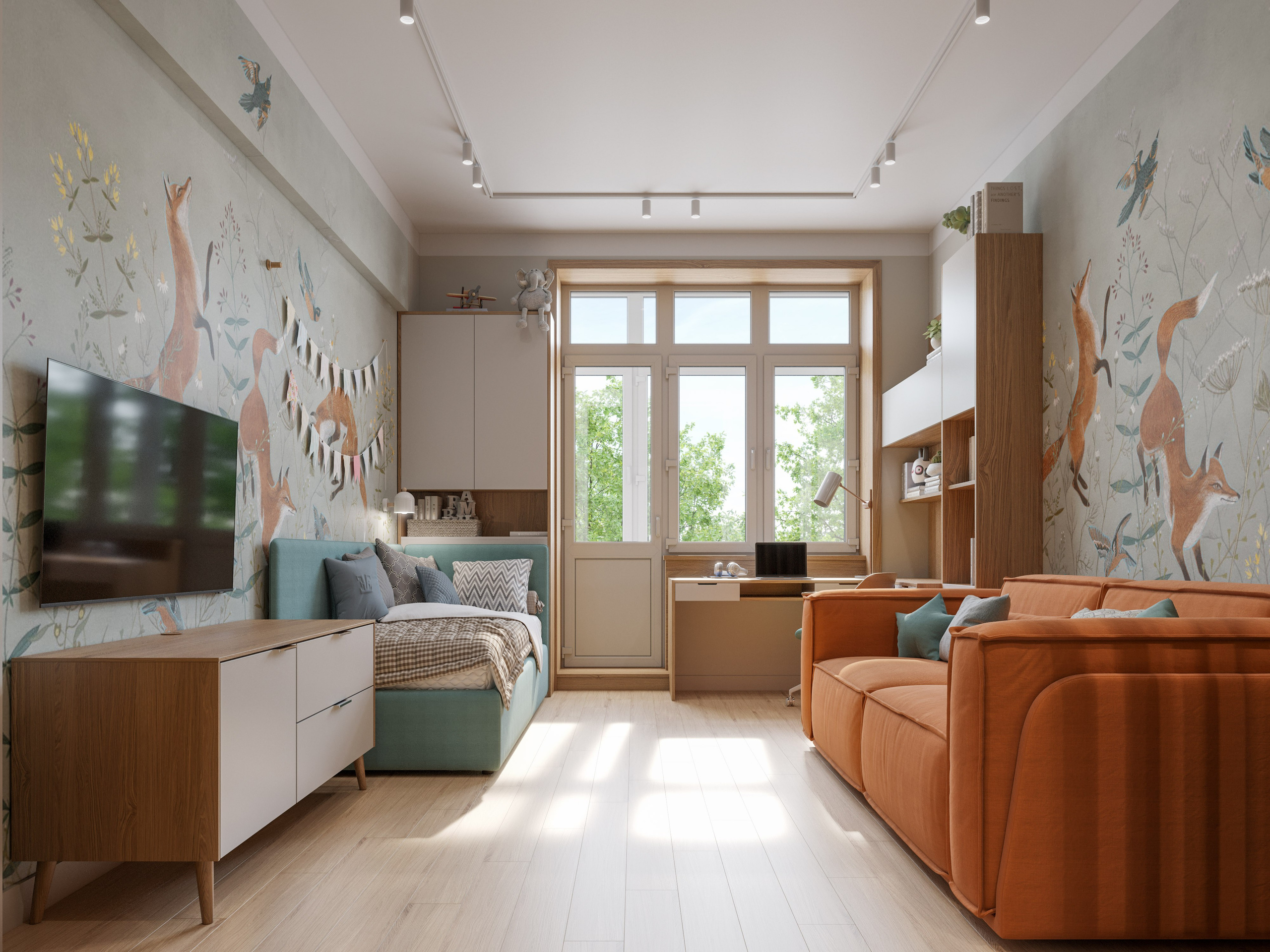 Яркая детская с зелеными и оранжевыми акцентами, скалодромом и местом для игр