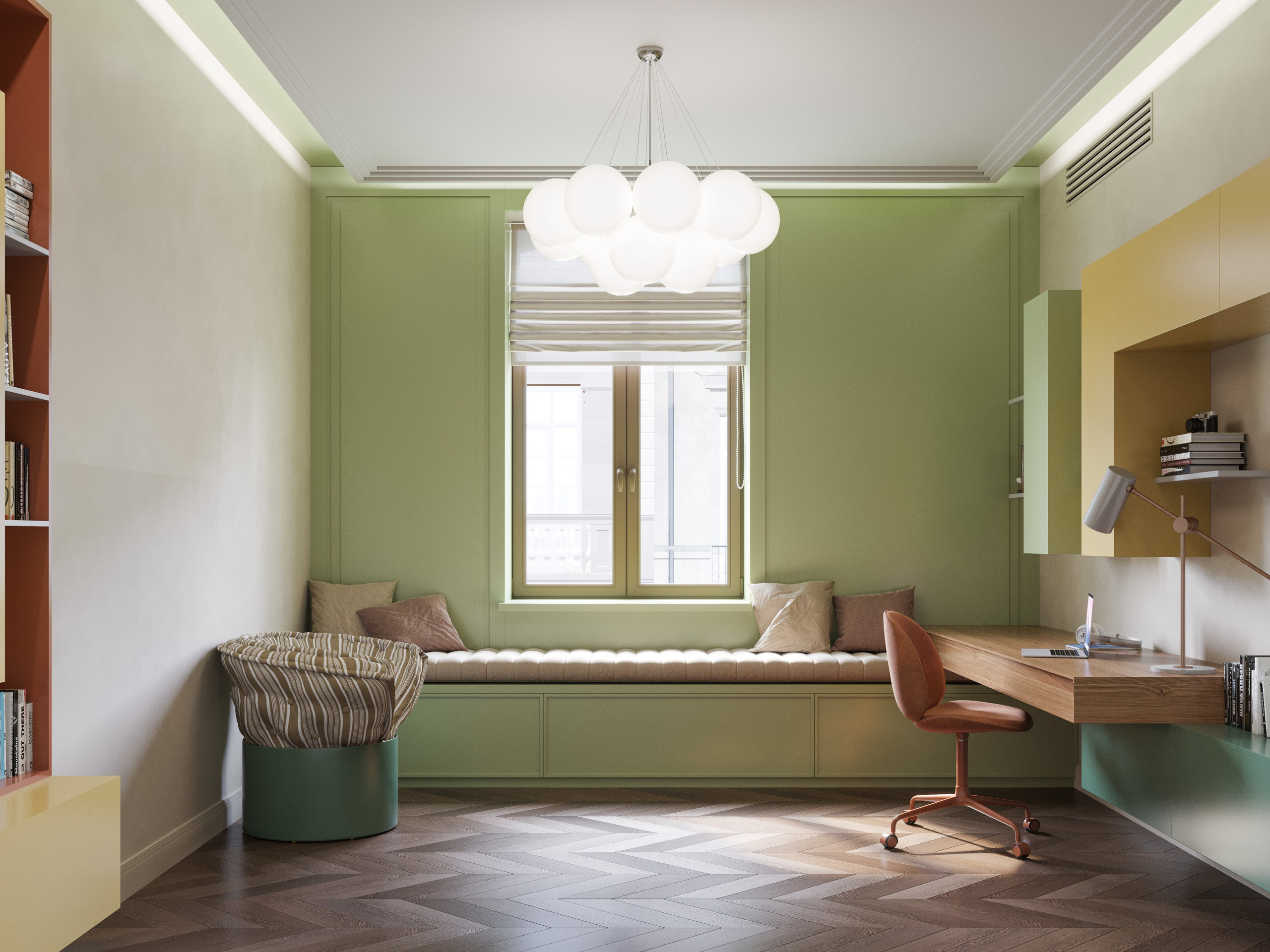 Интерьер детской комнаты в двухэтажной квартире: игровая зона, спальное место и система хранения игрушек