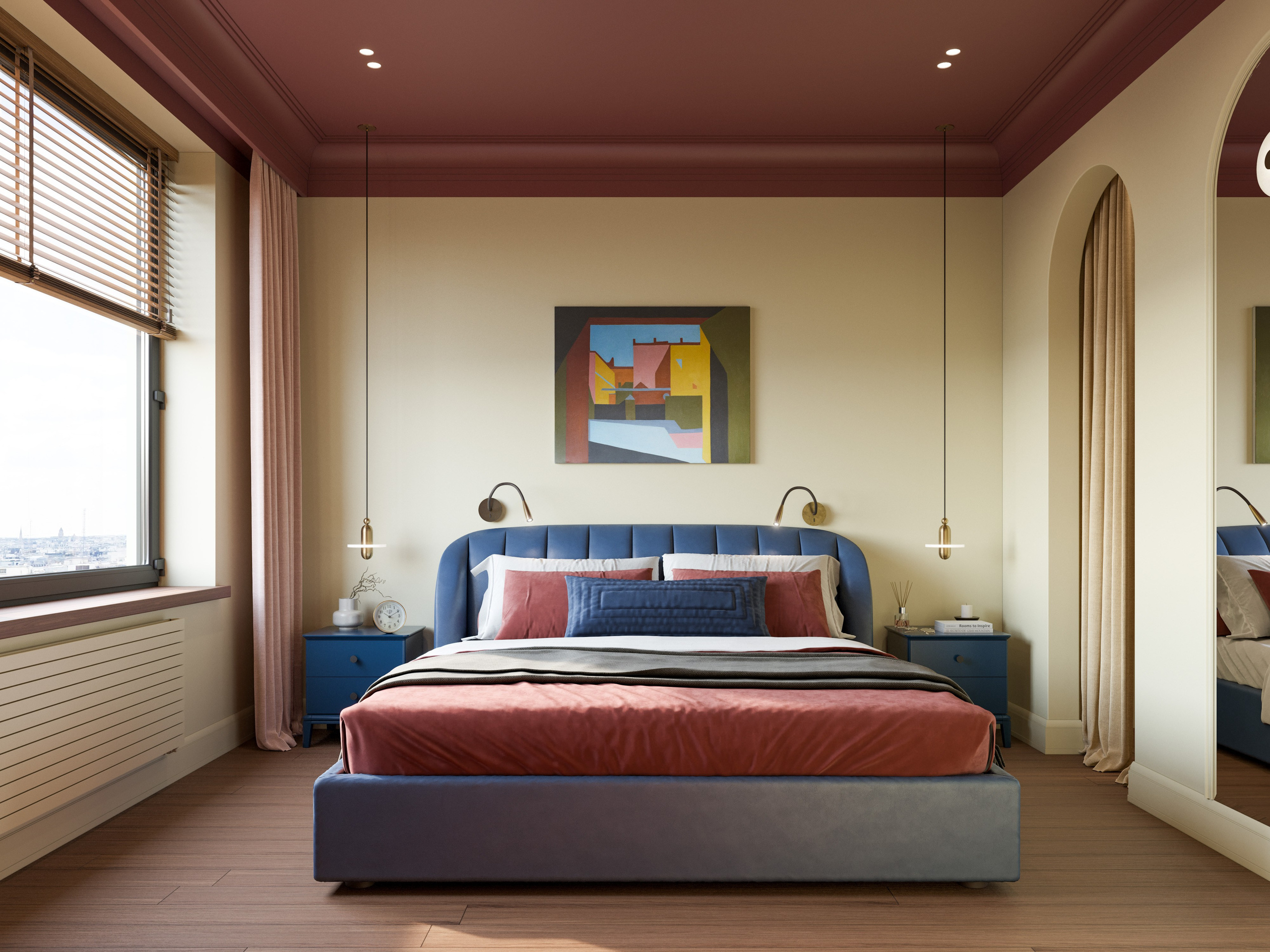 Спальня с синим изголовьем кровати, бордовым текстилем и желтыми стенами - 3D визуализация