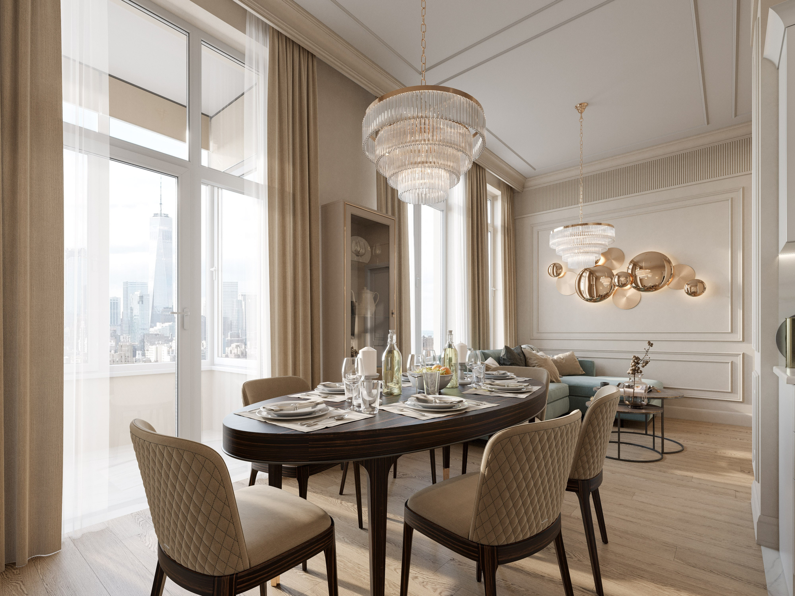 Дизайн-проект светлой кухни-гостиной с обеденной зоной в стиле неоклассика.