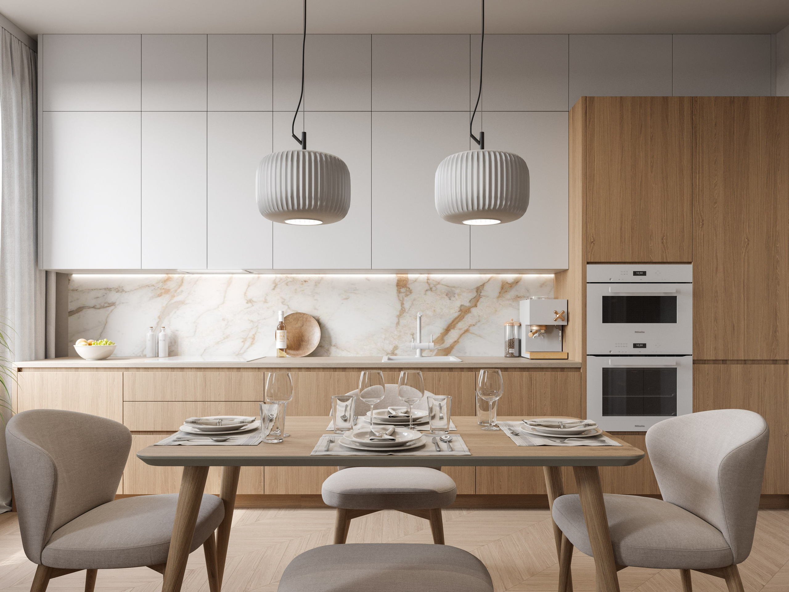 3D визуализация кухни с белыми и деревянными фасадами и мраморным фартуком