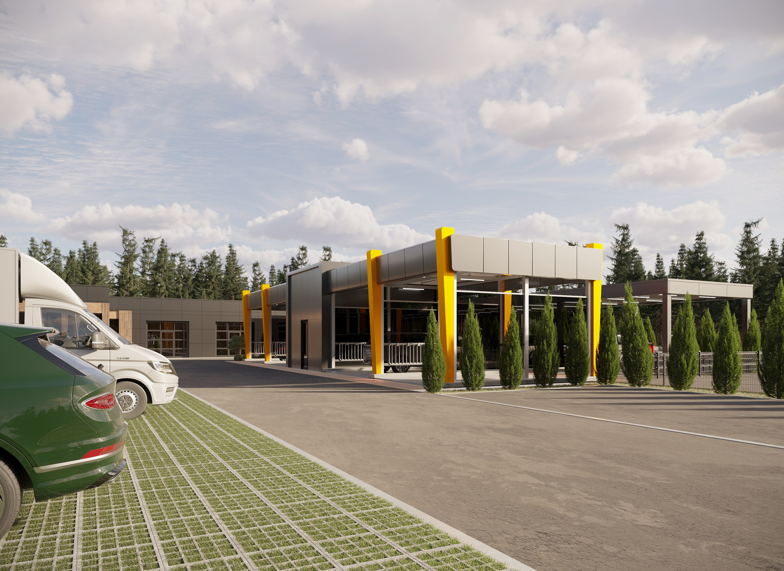 Автомойка, СТО и кафе — комплексная 3D-визуализация с благоустройством. 3Д Визуализация Интерьера и Архитектуры