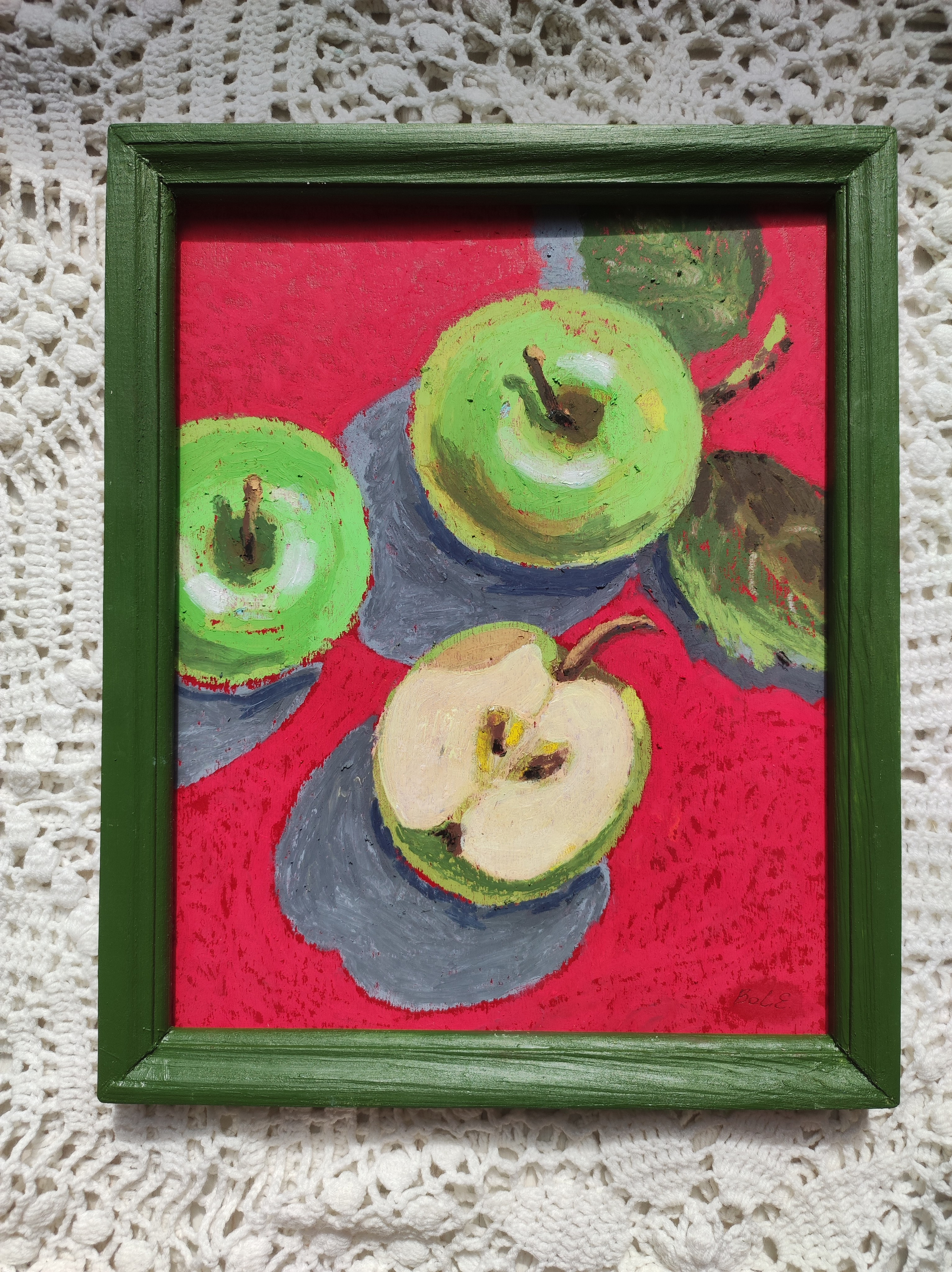 Картина масляной пастелью «Зелёные яблоки» 20×25 см — яркий натюрморт на картоне от художницы. Галерея авторских картин художницы Бельмесовой Евгении