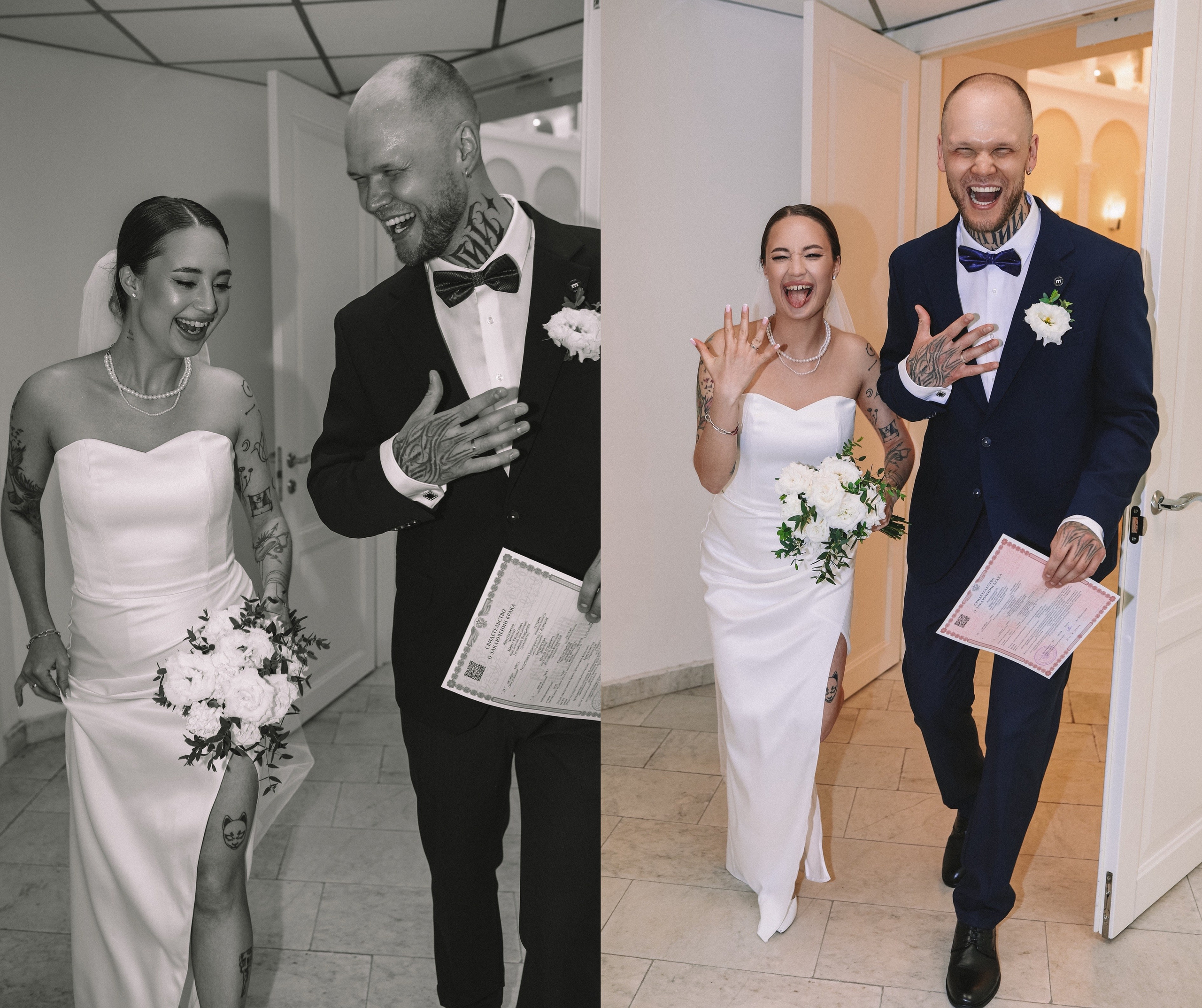 Жених и невеста держатся за руки после росписи в Санкт-Петербурге