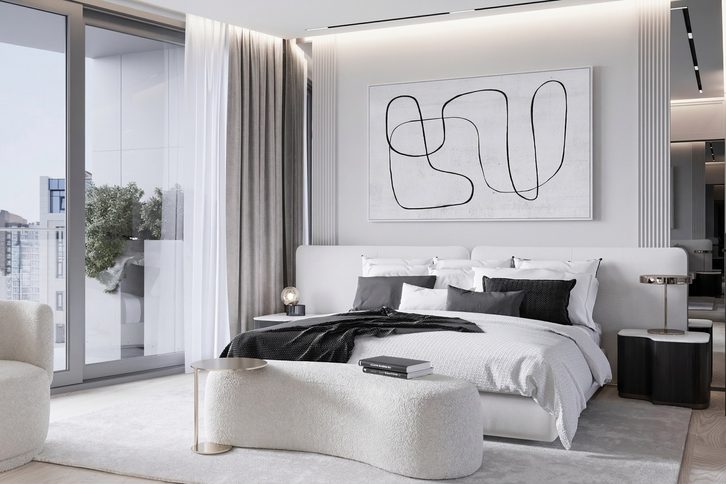 Дизайн мастер-спальни в квартире 113 м² от Валерии Котович: белая кровать с мягким изголовьем, современная графика на стене, панорамные окна и банкетка букле в стиле quiet luxury.