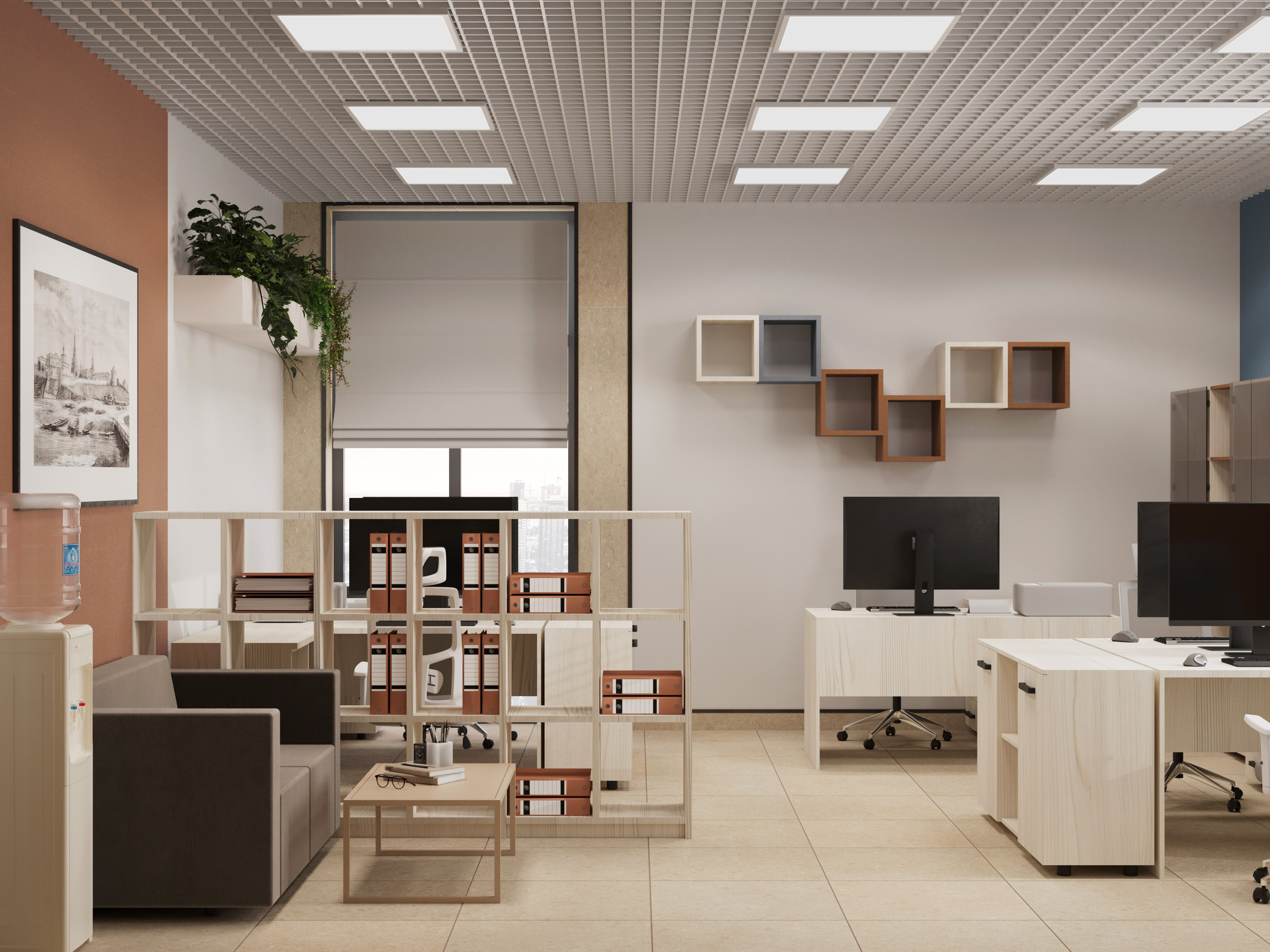 Большой офис с рабочими местами, легкими перегородками и зоной ожидания с диваном