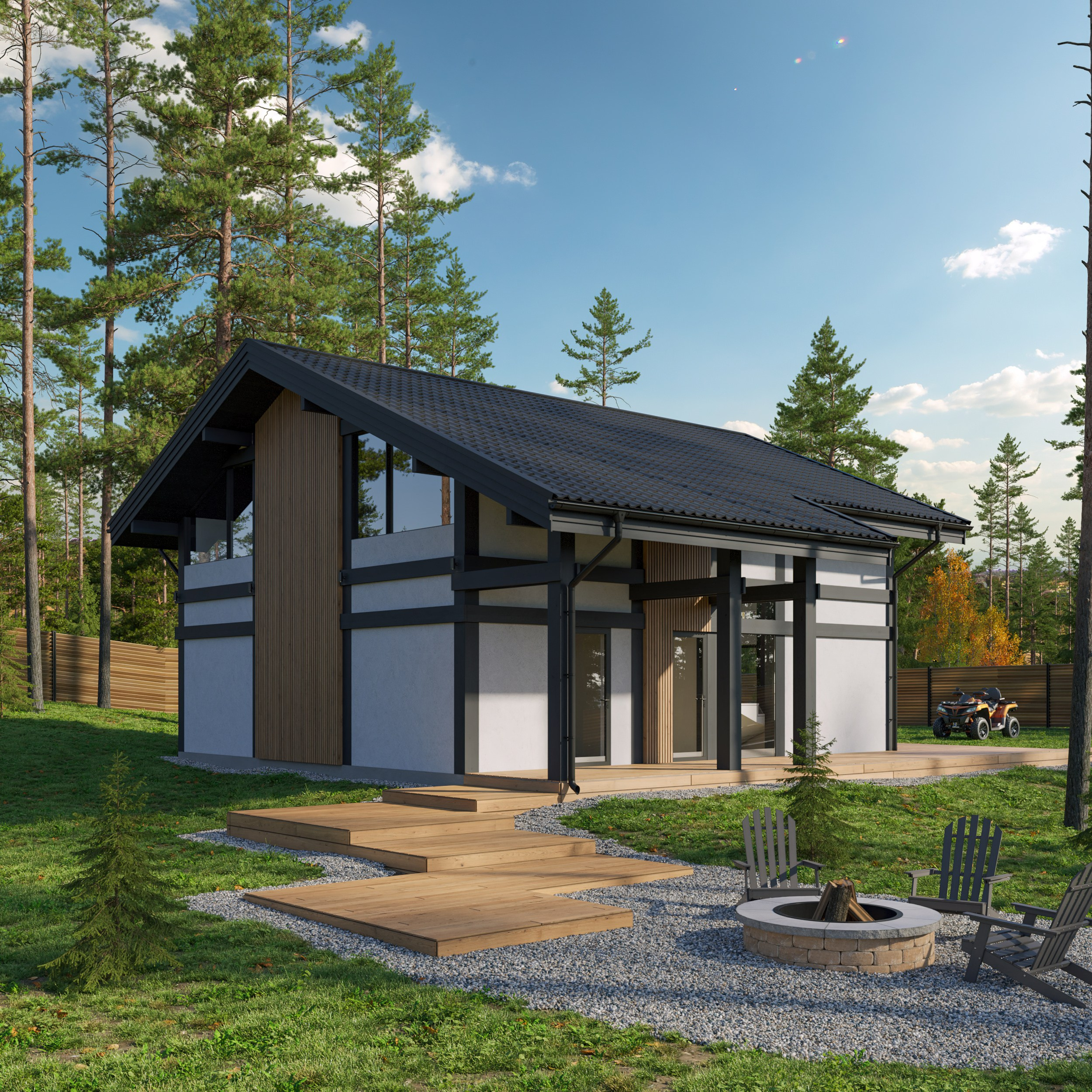 Архитектурная визуализация фахверкового дома с контрастными балками и деревянной дорожкой