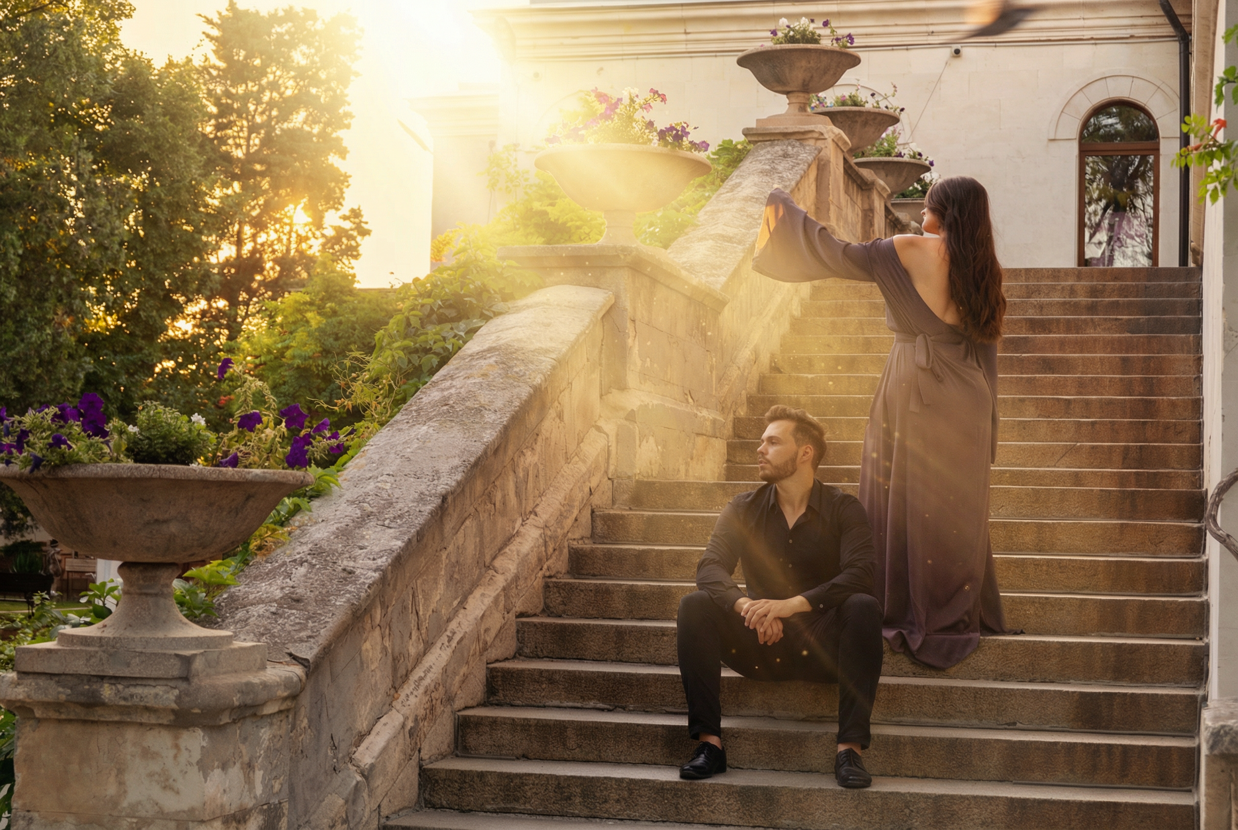 Девушка и парень на лестнице ловят солнце в Итальянском дворике Херсонес Таврический.. Фотограф и видеограф Желдак Илья