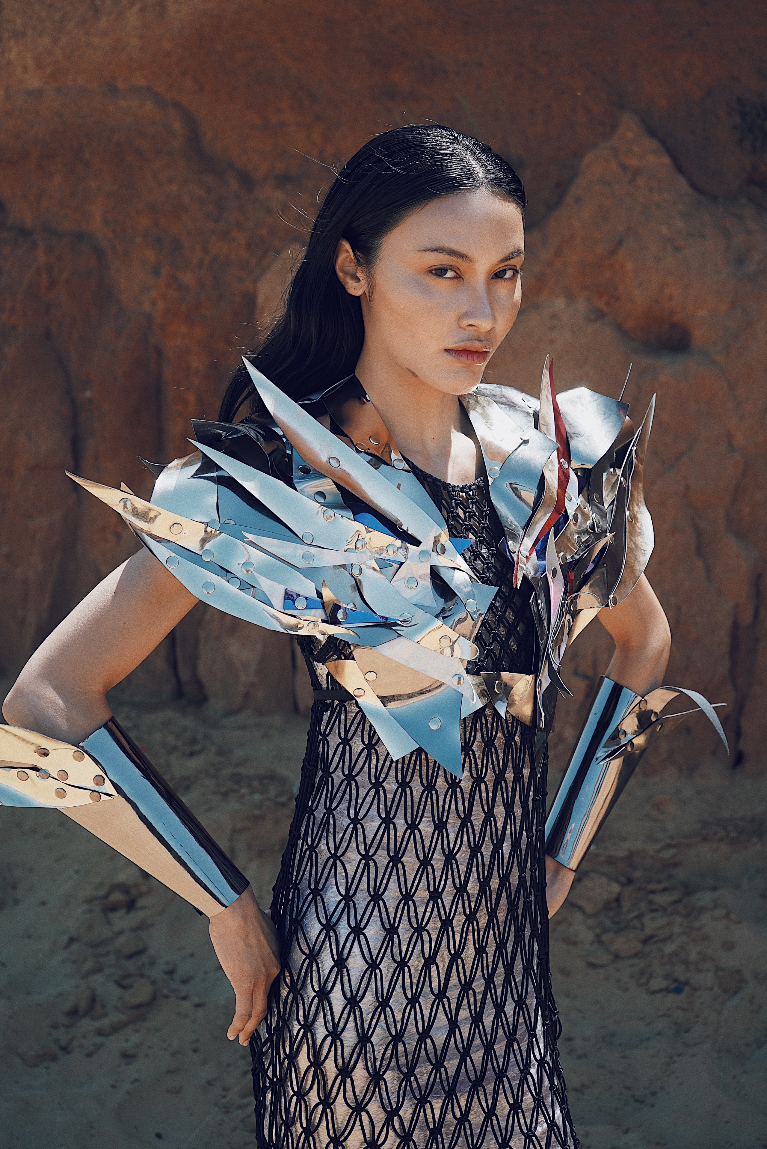 Avant-garde fashion portrait of female model with sculptural accessories, high fashion editorial photography, Sergio Maiis