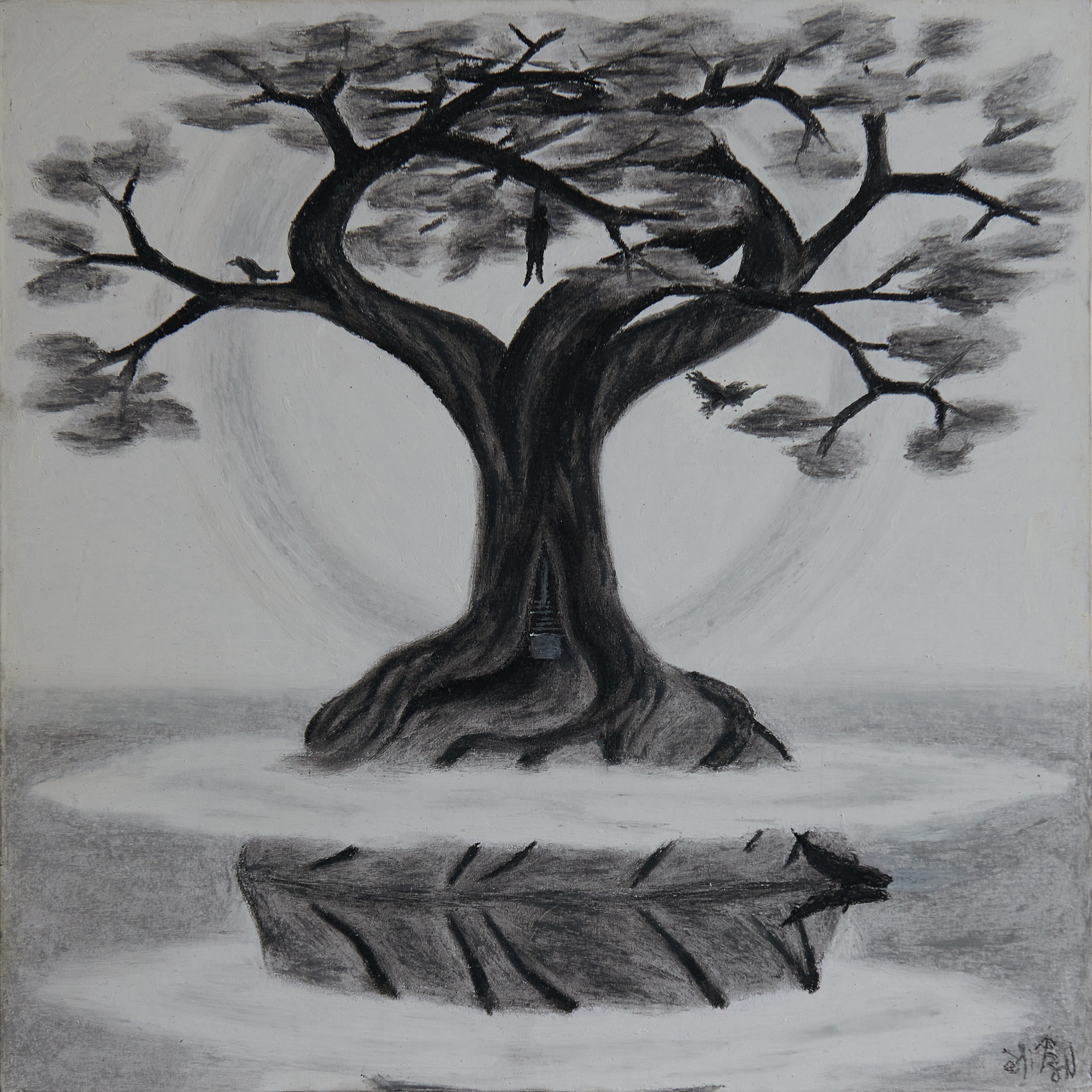 Yggdrasil. Человек находит остров космического устройства за туманом надежды.Он прошёл по корням Мирового Дерева, цепко обвивающих почку поверхности основания. Доступ в святилище предоставляет ему алтарную лестницу оси миротворения в крону ветвящейся множественности единого смысла. Человек повесил себя в ответвлении целого, близком его пониманию. Только мысль и восприятие остаются непринуждёнными. Год создания: 2005 г.