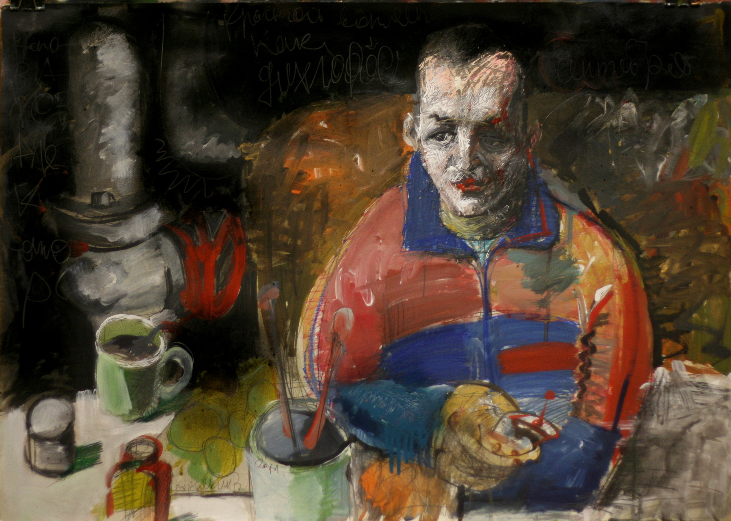 Портрет электрика Александра Коновалова.
Бумага, акрил