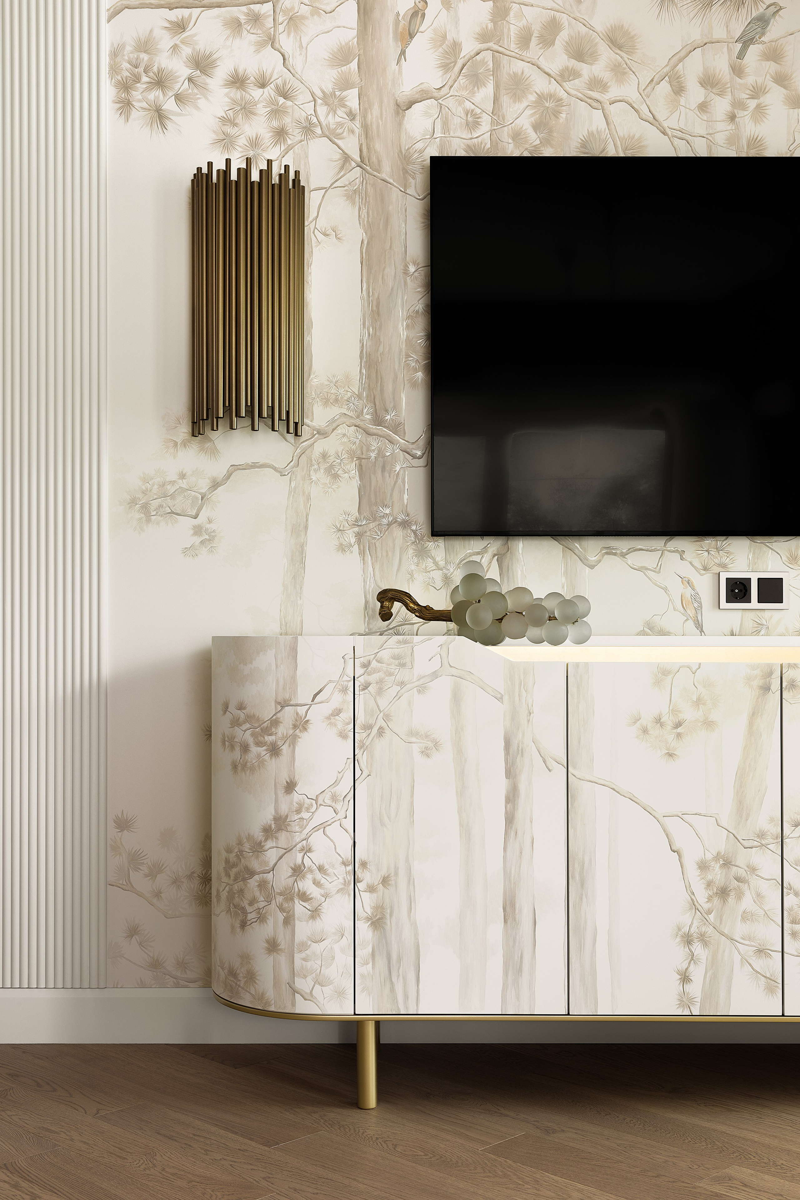 Интерьерная фотография фрагмента кухонной зоны с расписными стенами