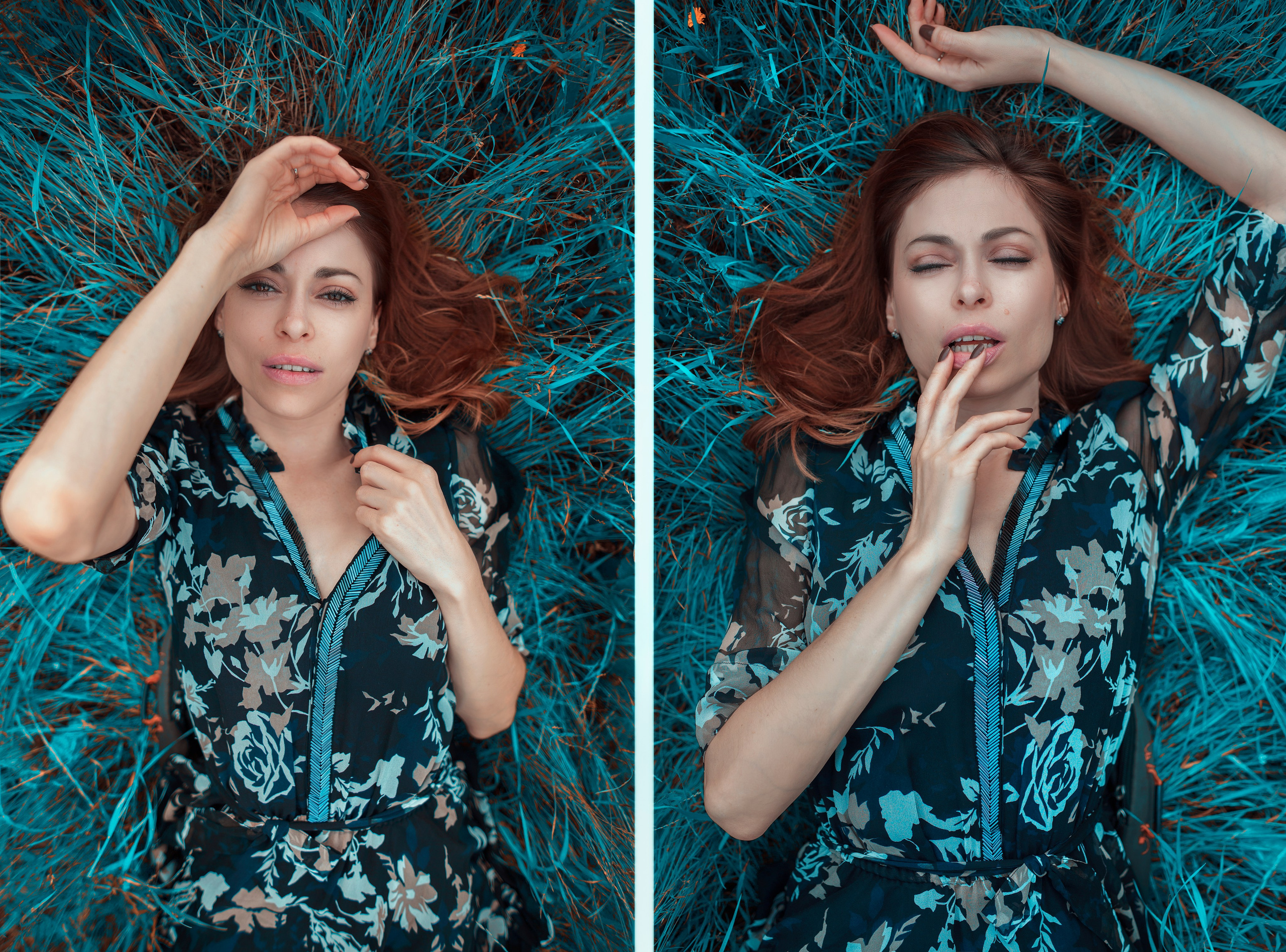 Рыжая девушка лежит в голубой траве 