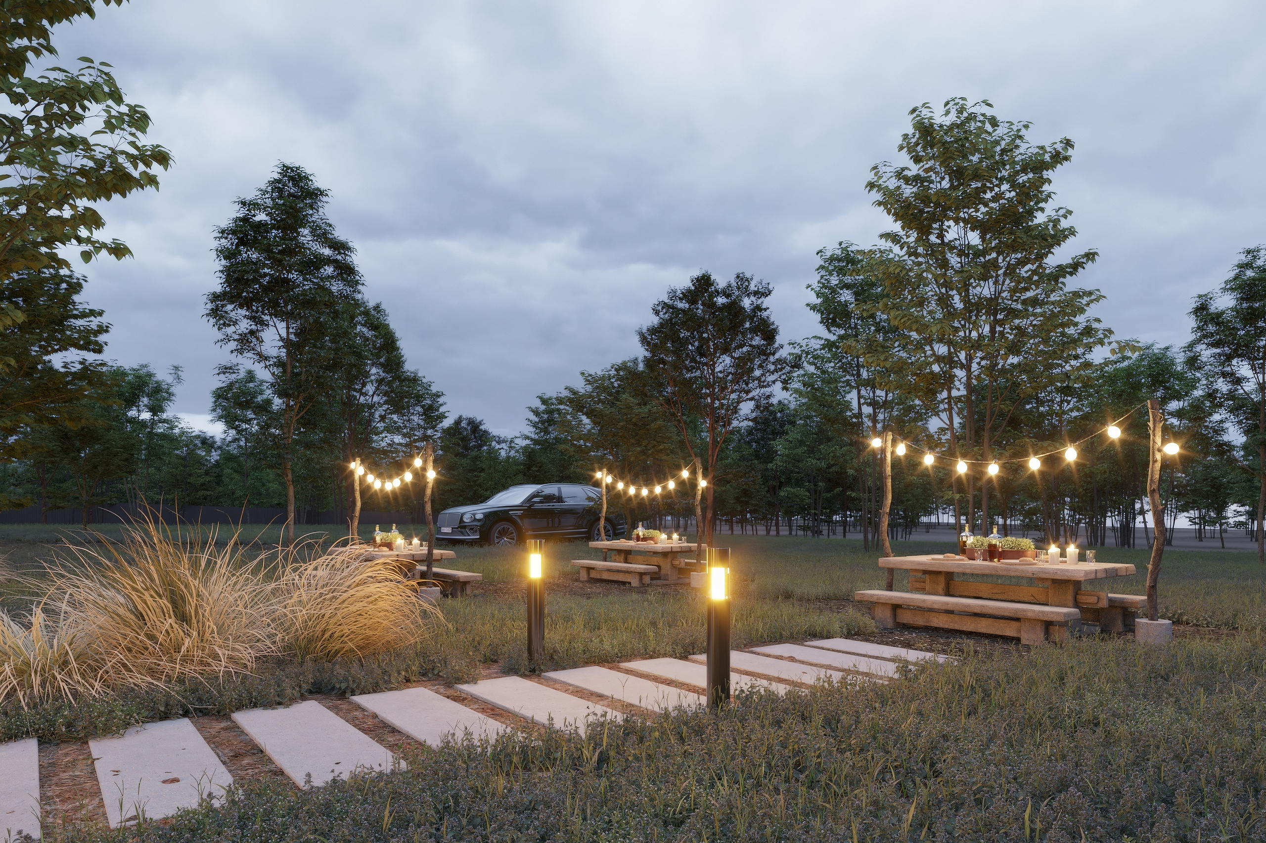 Визуализация вечерней зоны отдыха в глэмпинге с гирляндами и сервированными столами