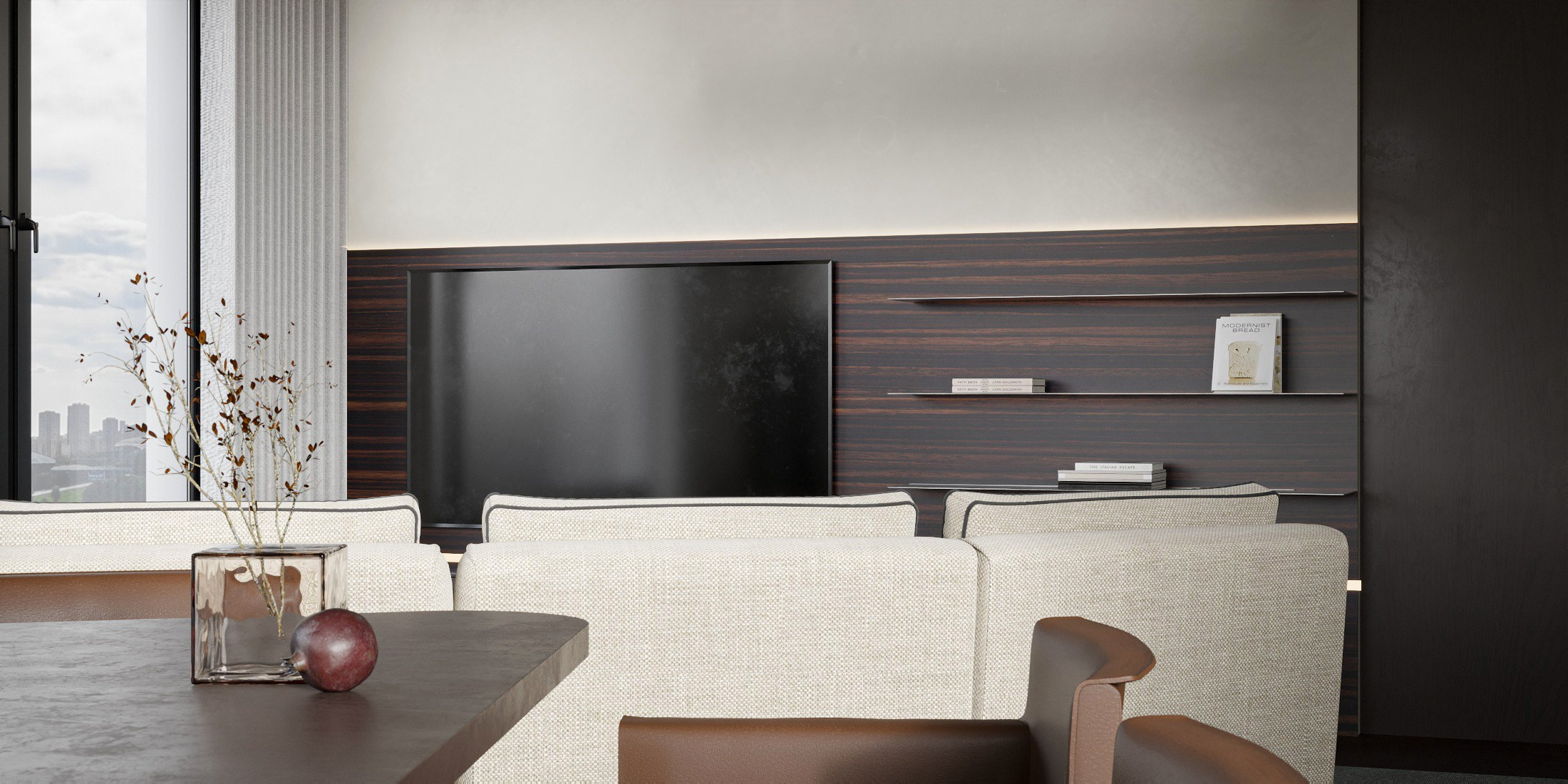 ПРОЕКТ • ЖК «ОСТРОВ» Квартира 119 м² 3D визуализация интерьера Гостиная / Living Room. Ксения. 3D‑визуализатор