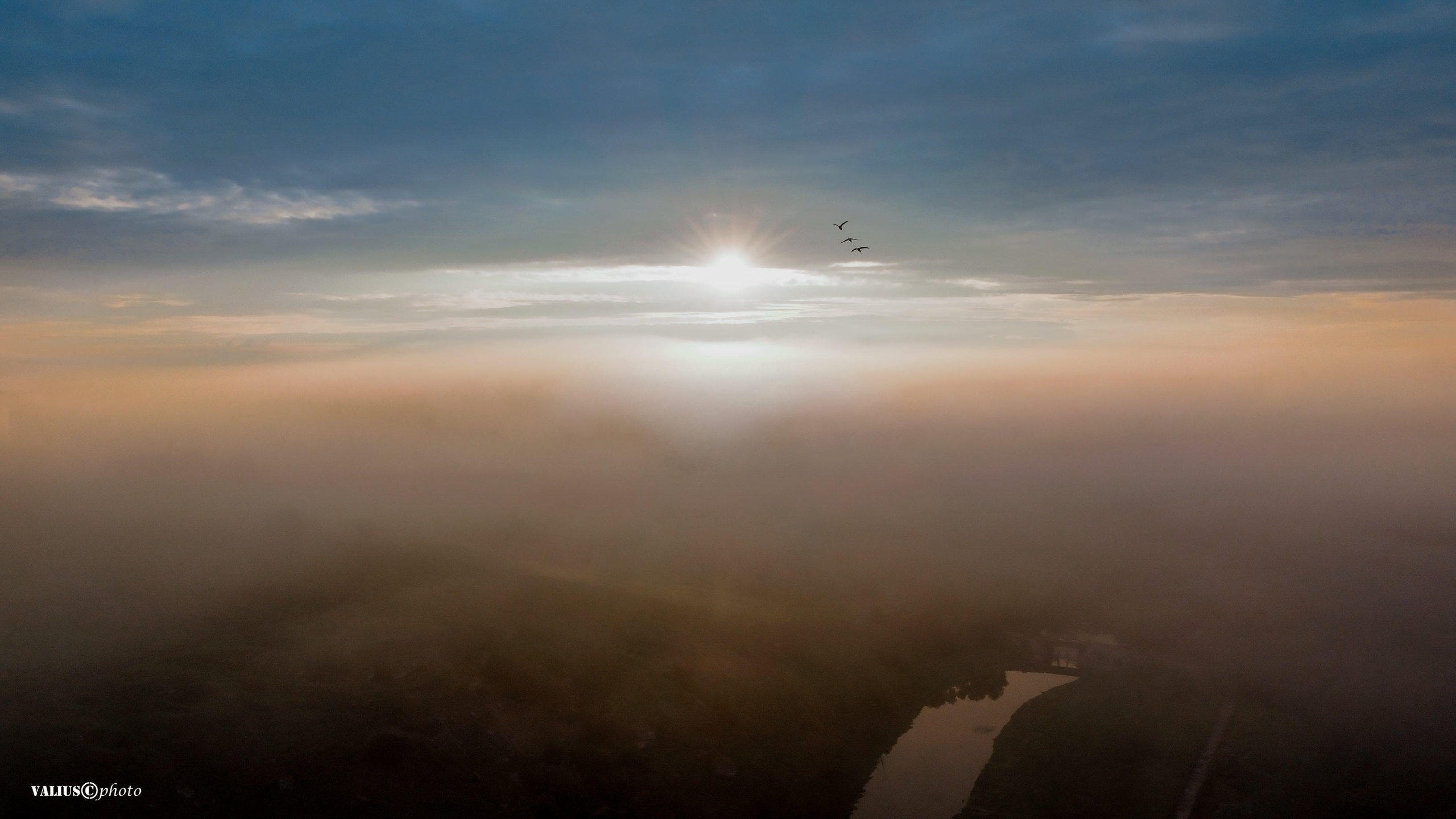 рассвет, туман, поле, река