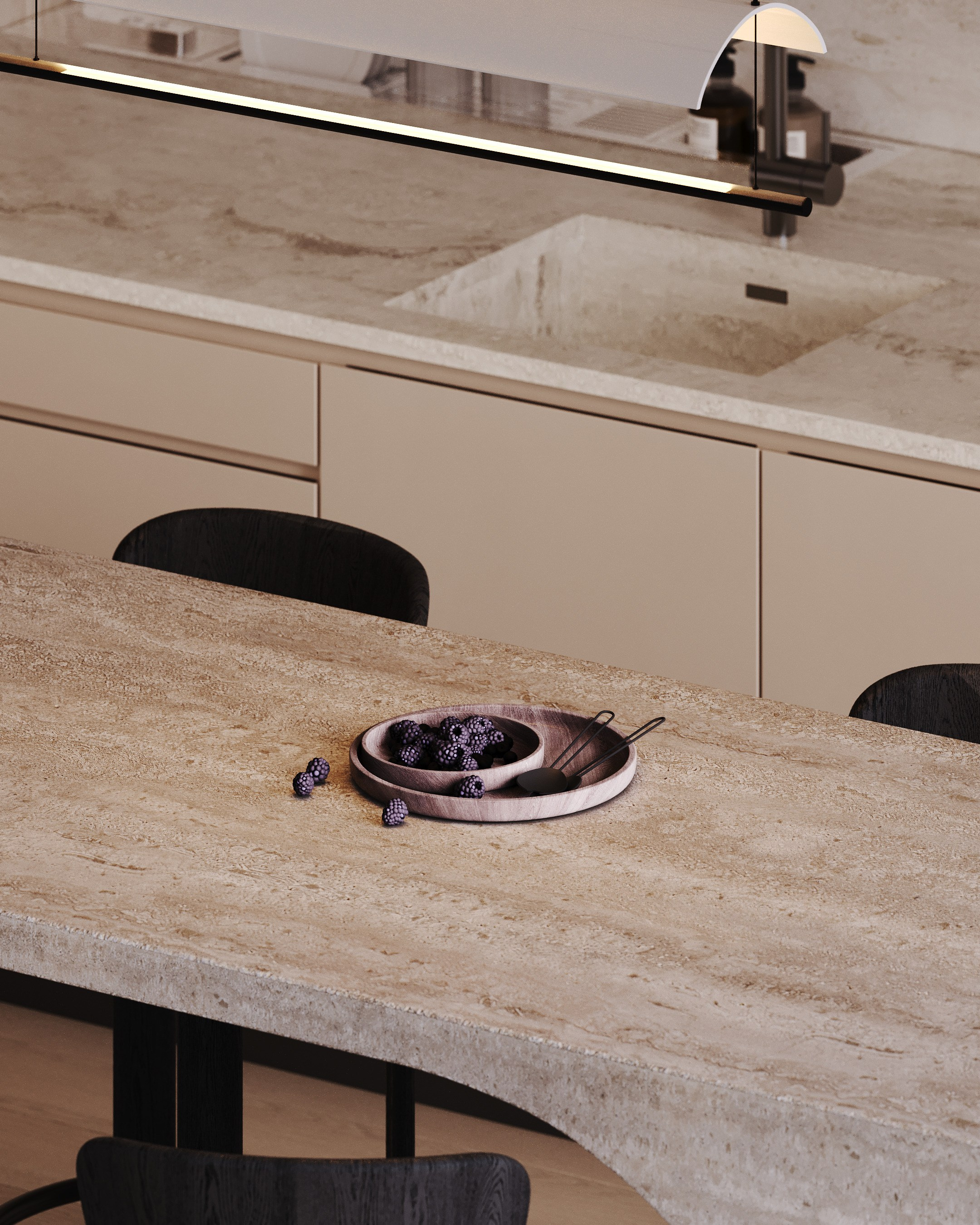 визуализация острова кухни - гостиной в минималистичном современном  стиле 