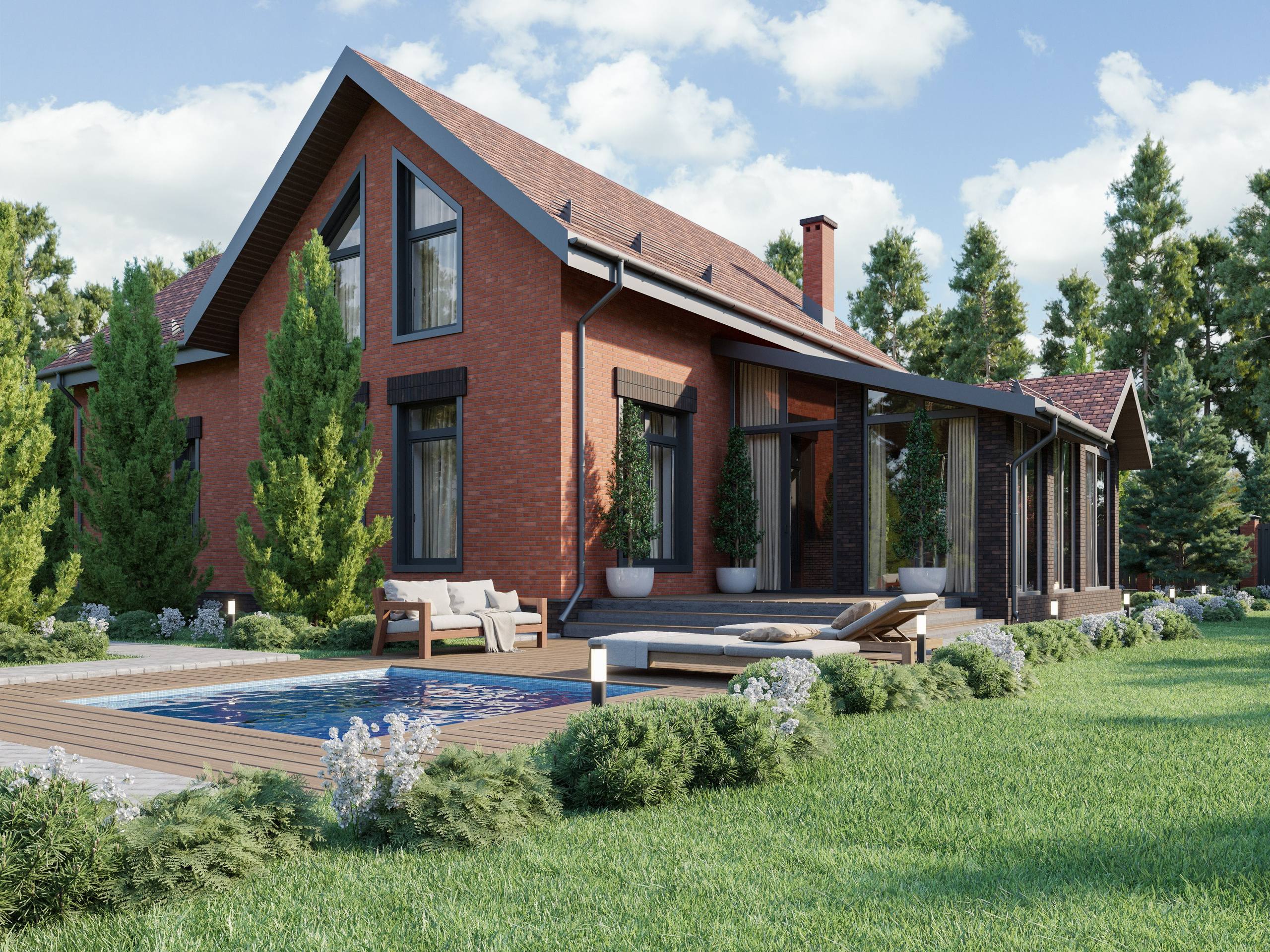 3D Визуализация Кирпичного Дома с Большими Окнами и Бассейном | Экстерьер. Визуализатор интерьера в Москве | Брагин Кирилл