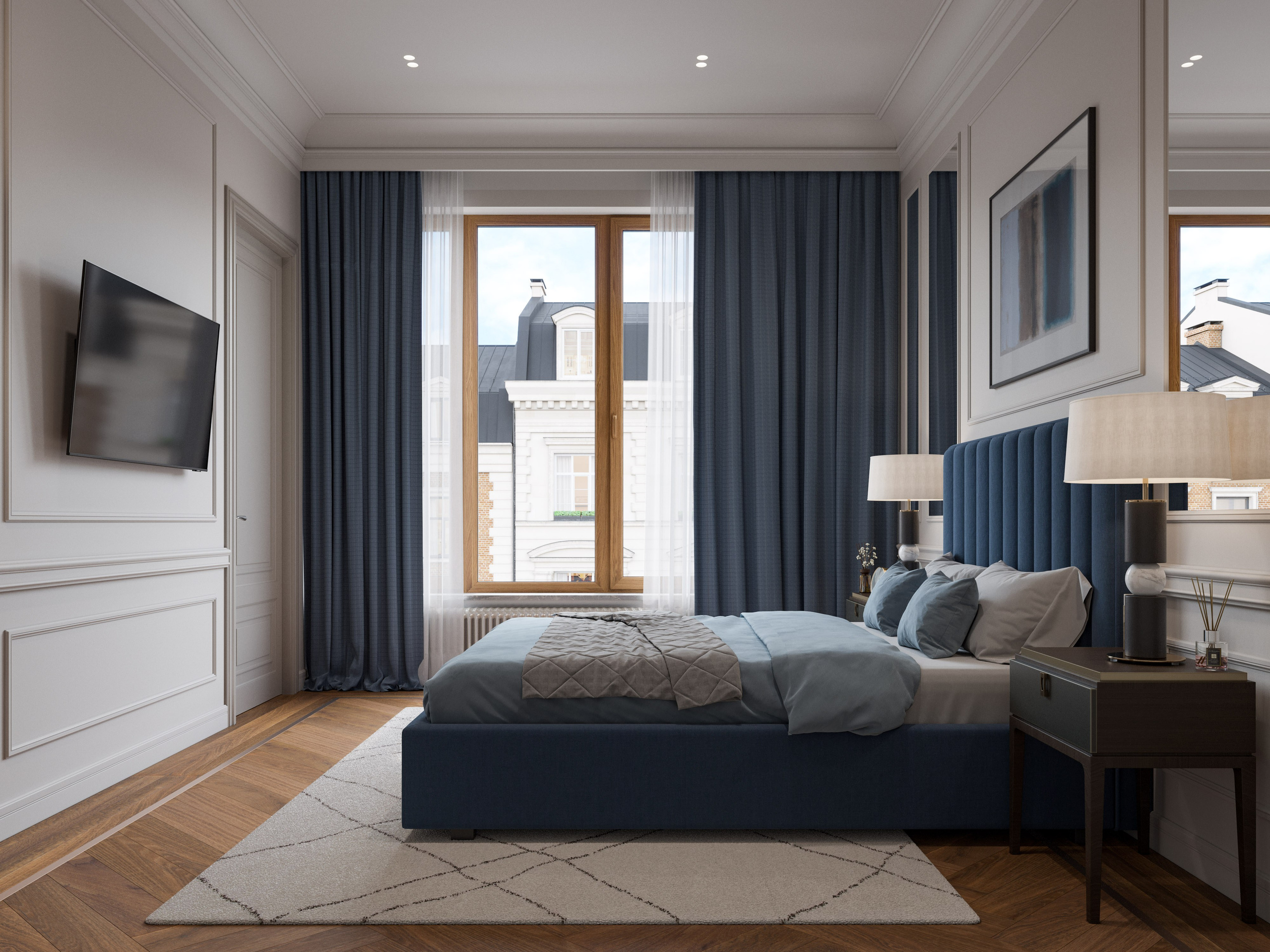 3D визуализация компактной гостевой комнаты с классической мебелью и бра